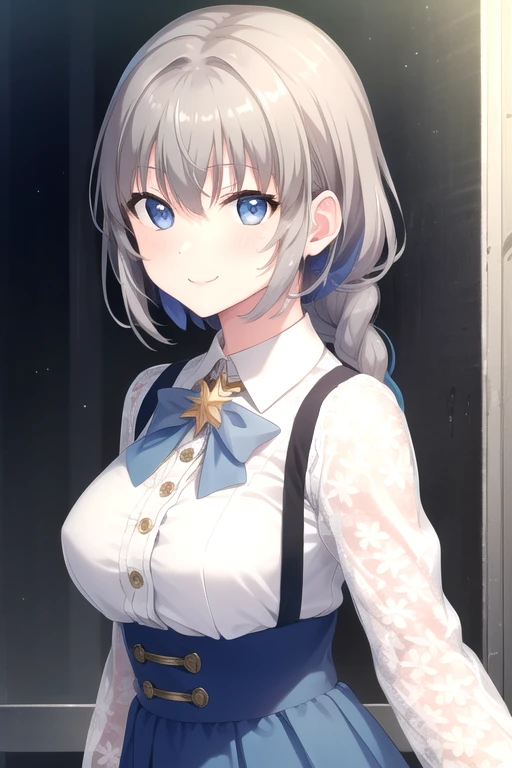 ((masterpiece)),(best quality),official art,extremely detailed CG,unity 8k wallpaper,ultra detailed,beautiful detailed eyes,extremely detailed face,outdoors,1girl,solo,upper body,(portrait:1.5),looking at viewer,facing viewer,smile,Matsuki Ira,very long hair,grey hair,shiny hair,long braid,single braid,braided ponytail,hair ribbon,hair bow,blue bow,hair intakes,sidelocks,hair between eyes,bangs,blue eyes,jewelry,brooch,white shirt,dress shirt,collared shirt,center frills,long sleeves,large breasts,underbust,high-waist skirt,suspender skirt,long skirt,blue skirt,black pantyhose,sneakers,white footwear,<lora:Matsuki Ira(uycb)>,