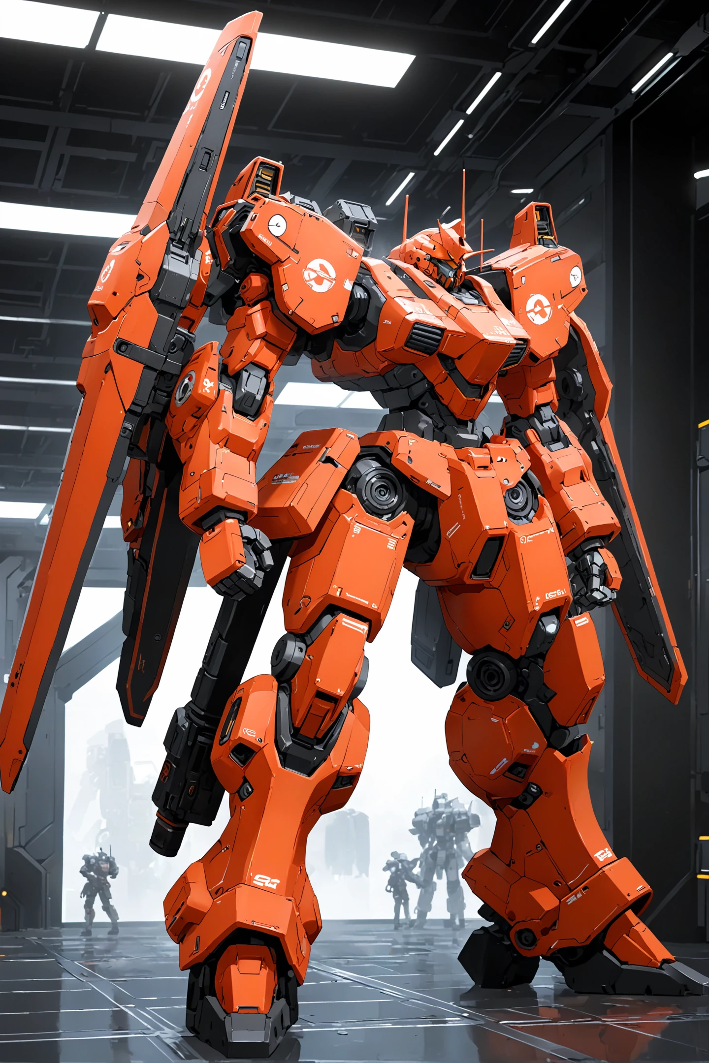 professional 3d model of A giant mecha stands in the space station,(science fiction:1),mecha armor,(a stylish mech:1.6),(hawken:1.6),(long legs:1.1),glowing eyes,(full body:1.2),mechanical parts,robot joints,(holding huge weapon:1.5),(huge mechanical shield:1.2),best quality,masterpiece,highly detailed,ultra-detailed,(huge mechanical weapon:1.3),(detailed weapon:1.2),(huge mechanical gun:1.2),<lora:srdxl_v2_7_5a7:0.8>,, octane render, highly detailed, volumetric, dramatic lighting