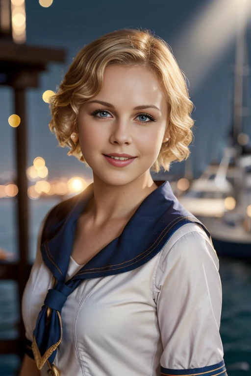 Ann0ndBWTTXV1D,
a beautiful smiling blonde woman posing for masterpiece photo in a sailor outfit, (harbor setting:1.3), (1930s sailor uniform:1.2),
(professional photo shooting), (high buget photo), (extremely detailed skin), (flawless skin), (model pose), (highly detailed facial features),
(perfect color grading), (High-quality textures and materials), (perfect setup and environments:1.9), (accurate light and shadow effects), (perfect visual quality),
(natural light), (high quality photography), (intricate details), (8k), (HDR), (sharp focus), (medium view:1.2),  (dark atmosphere:1.2)