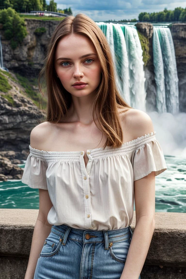 European woman, closeup, sandals, (shirt), pants, (banff national park), ZM_elaine, wide shoulders, perfect face, (contact iris: 1.1), pale skin, skin pores , looking_at_viewer, depth of field