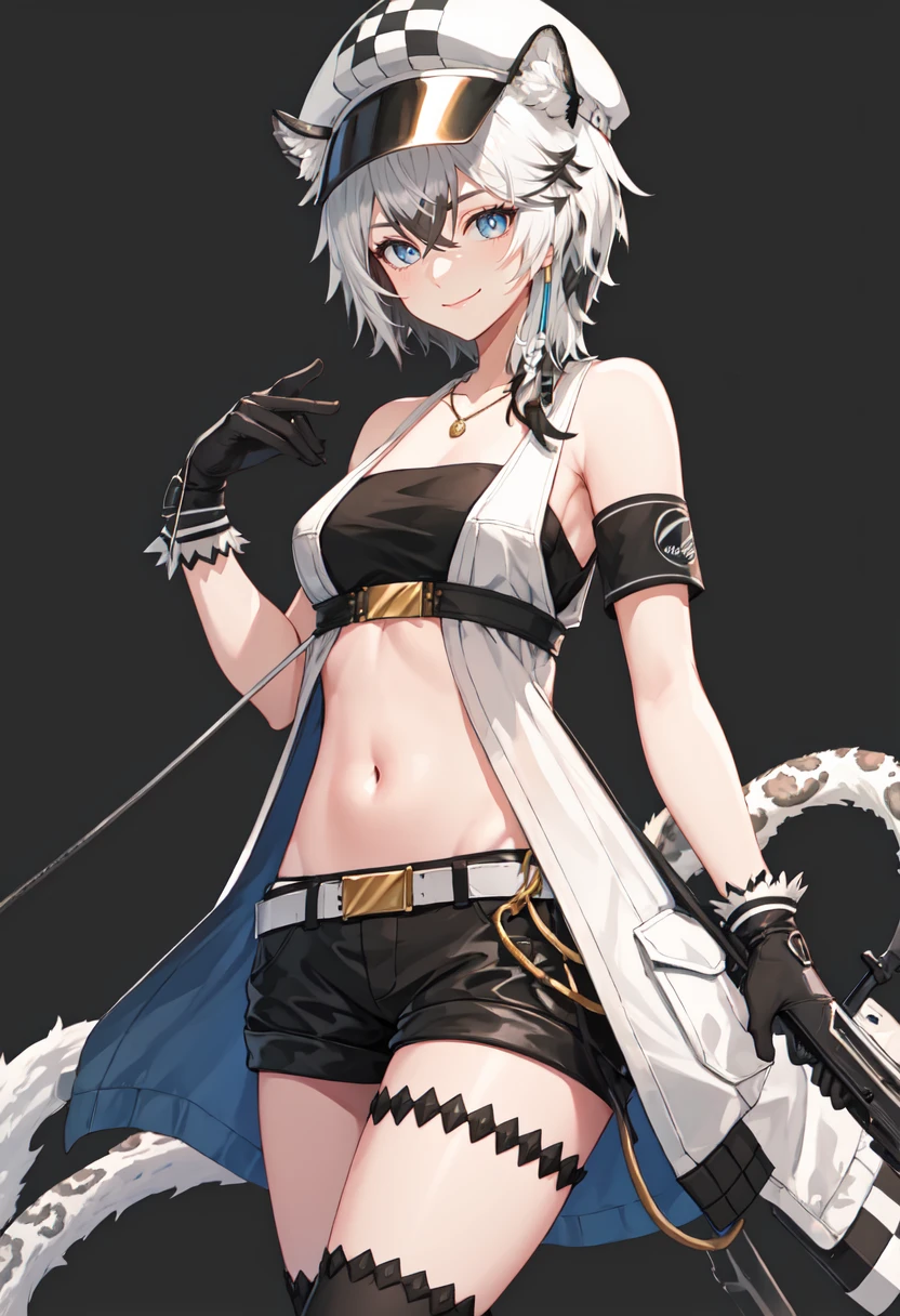 best quality, masterpiece, highres, solo, (cliffheart_arknights:1.10), 1girl, bare shoulders, black shorts, looking at viewer, midriff, navel, necklace, short shorts, smile, stomach, belt, black gloves, cowboy shot, sleeveless, tube top, checkered clothes, simple background, standing, white background, armband, black thighhighs, open clothes, single thighhigh, black bandeau, blue eyes, collarbone, hand up, holding, 0 <lora:cliffheart_arknights:0.80>