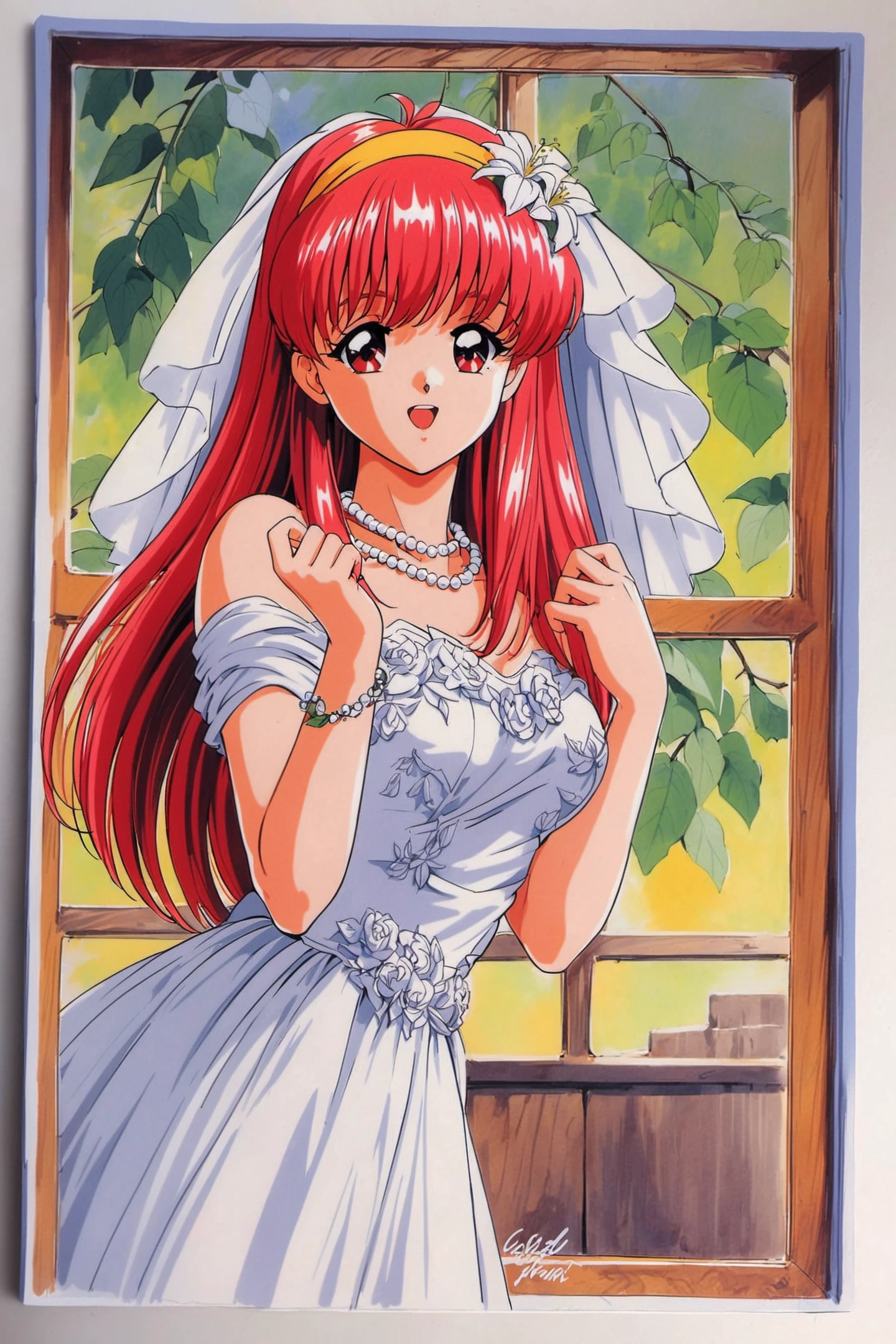 Fujisaki Shiori,1girl,retro artstyle,solo,1990s (style),yellow hairband,long hair,outdoors,red hair,open mouth,red eyes,hair ornament,veil,hair flower,white flower,wedding dress,window,leaf,upper body,white dress,pearl necklace,looking at viewer,bride,traditional media,bridal veil,<lora:Tokimeki Memorial_XL:0.8>,
