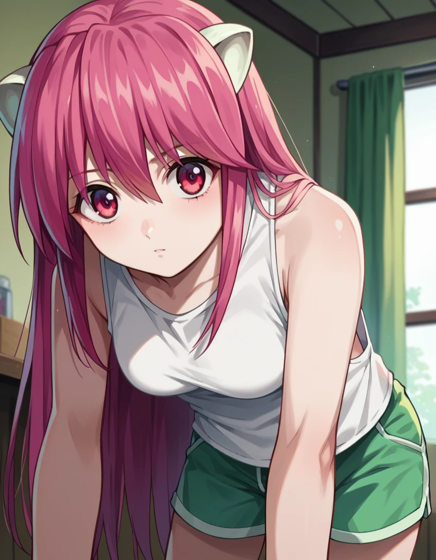 score_9, score_8_up, score_7_up, source_anime,
elfenliedlucy, <lora:elfen-lied-lucy-ponyxl-lora-nochekaiser:1>
lucy, long hair, pink hair, horns, pink eyes,
shorts, tank top, green shorts, white tank top,
indoors, bent over,
looking at viewer, dutch angle, cowboy shot,