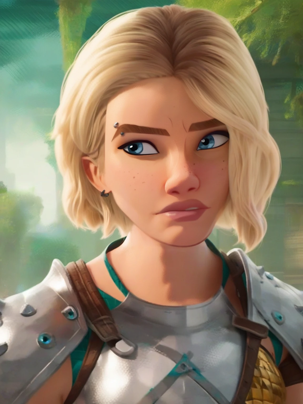 <lora:Gwen_StacyV2:0.9>, g_s, 1girl, blonde, blue eyes, piercing, Amazon warrior armor,, score_9, score_8_up, score_7_up,