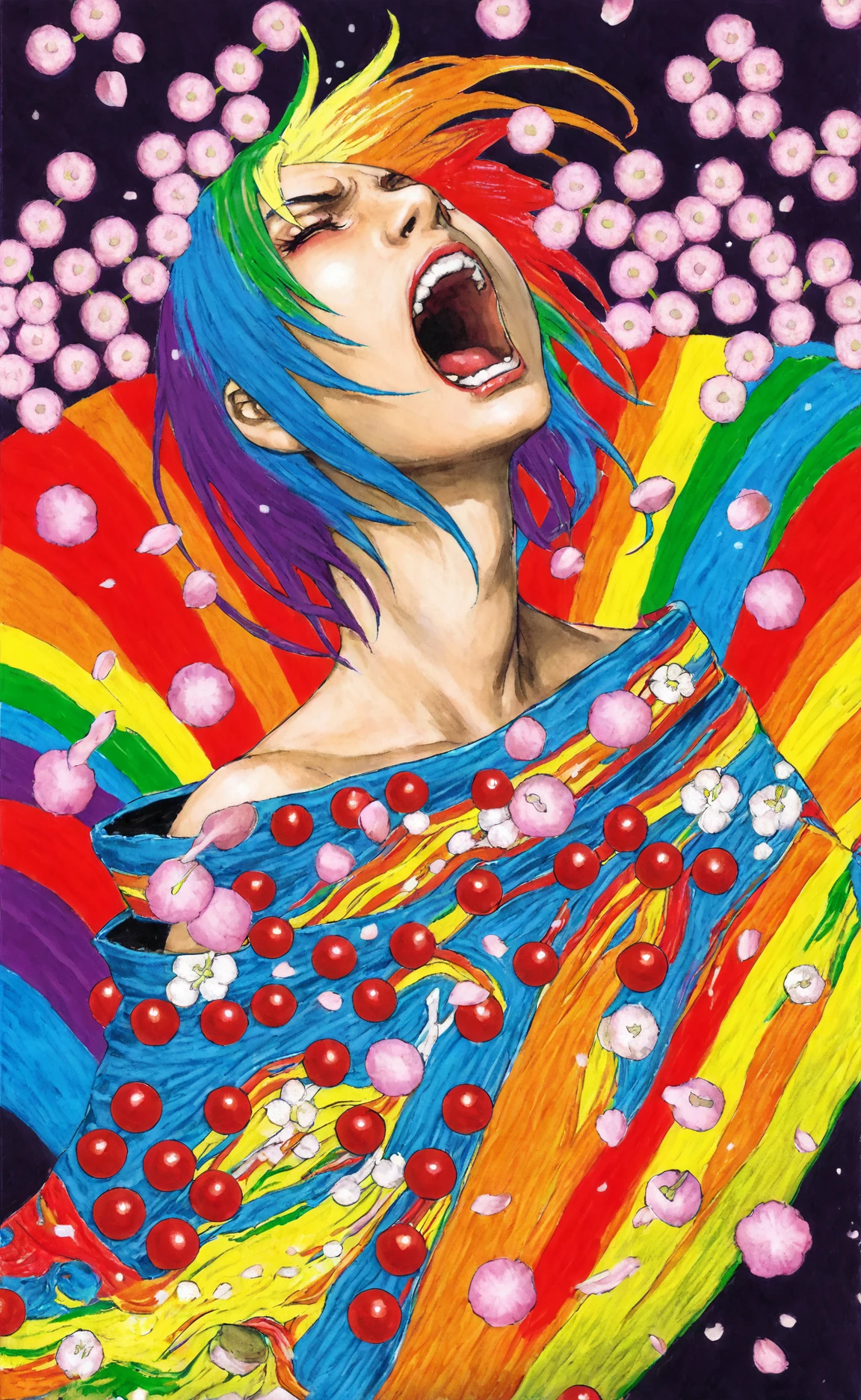 <lora:Shinobu-XL_005:0.7>,aza_shinobu, åå¿,colorful,sparkling,spring,(early 20s),(screaming),(vibrant background),(detailed background),(cherry blossoms),(rainbow colors),