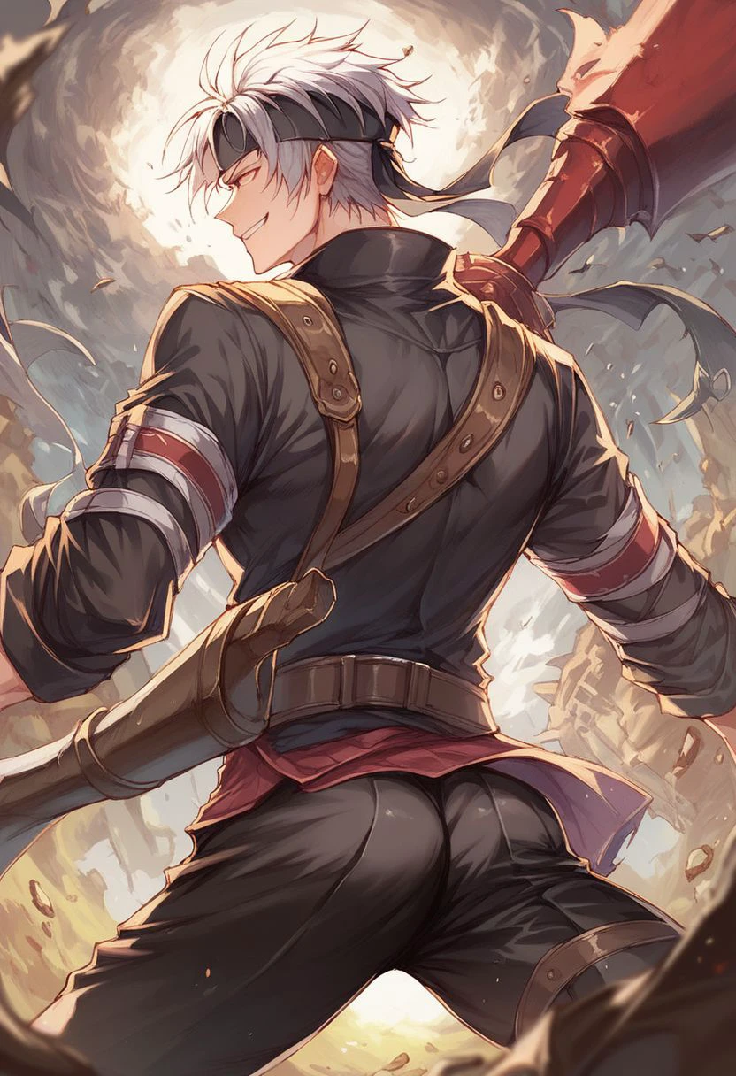 score_9, score_8_up, score_7_up, cs2crow, 1boy, solo,white hair, red eyes, black headband, black outfit, black pants, wawing, from behind, smile, battlefield, nori