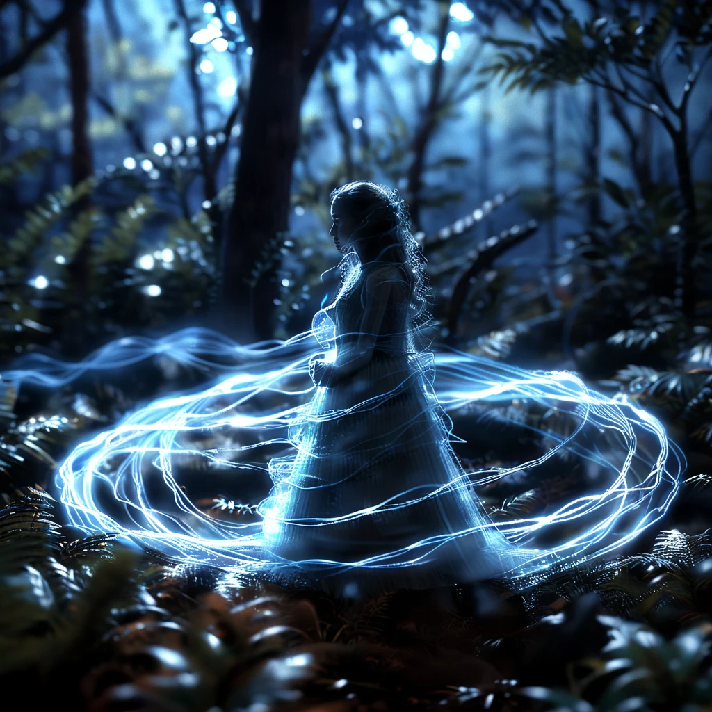 sound-of-anzhu, 1girl, solo, dress, blurry, tree, depth of field, blue theme, sound waves,



dark, dimly lit, 

masterpiece, best quality, octane render, 

