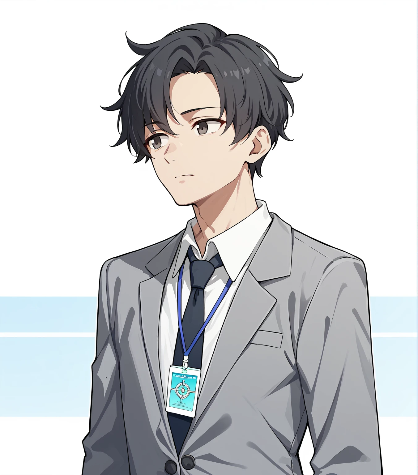 score_9, score_8_up, score_7_up, score_6_up, score_5_up, score_4_up, BREAK, cowboy shot, solo,
<lora:sensei-11:1>, senseianime, black hair, collared shirt, necktie, id card, grey suit,