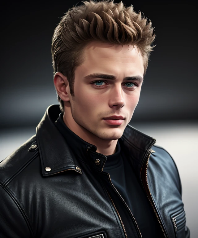 j2ms3d5 , Ultra-HD, realistic, ((3/4 photo)), Black background, Leather jacket