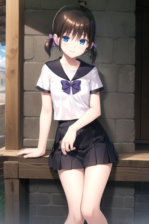 ((masterpiece)),(best quality),official art,extremely detailed CG,unity 8k wallpaper,ultra detailed,beautiful detailed eyes,extremely detailed face,outdoors,1girl,solo,cowboy shot,looking at viewer,facing viewer,smile,(petite:1.2),Enomiya Aoi,ahoge,short hair,brown hair,shiny hair,short twintails,hair ribbon,purple ribbon,hair bow,sidelocks,hair between eyes,bangs,blue eyes,collarbone,black sailor collar,black bowtie,white shirt,short sleeves,small breasts,miniskirt,black skirt,pleated skirt,white socks,loafers,<lora:Enomiya Aoi(gmly):0.9>,