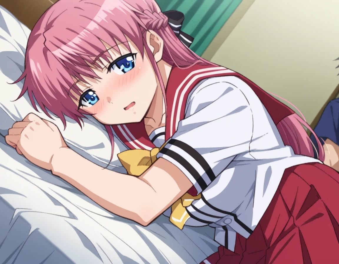 score_9, score_8_up, score_7_up, source_anime,
akinaorifushi, <lora:akina-orifushi-ponyxl-lora-nochekaiser:1>
akina orifushi, long hair, pink hair, blue eyes, hair braid, braid, hair bow, bow, mature female,
skirt, school uniform, serafuku, red sailor collar, red skirt, white shirt, short sleeves,
indoors, bed, bed room, on side, blush, drunk,
looking at viewer, dutch angle, cowboy shot,