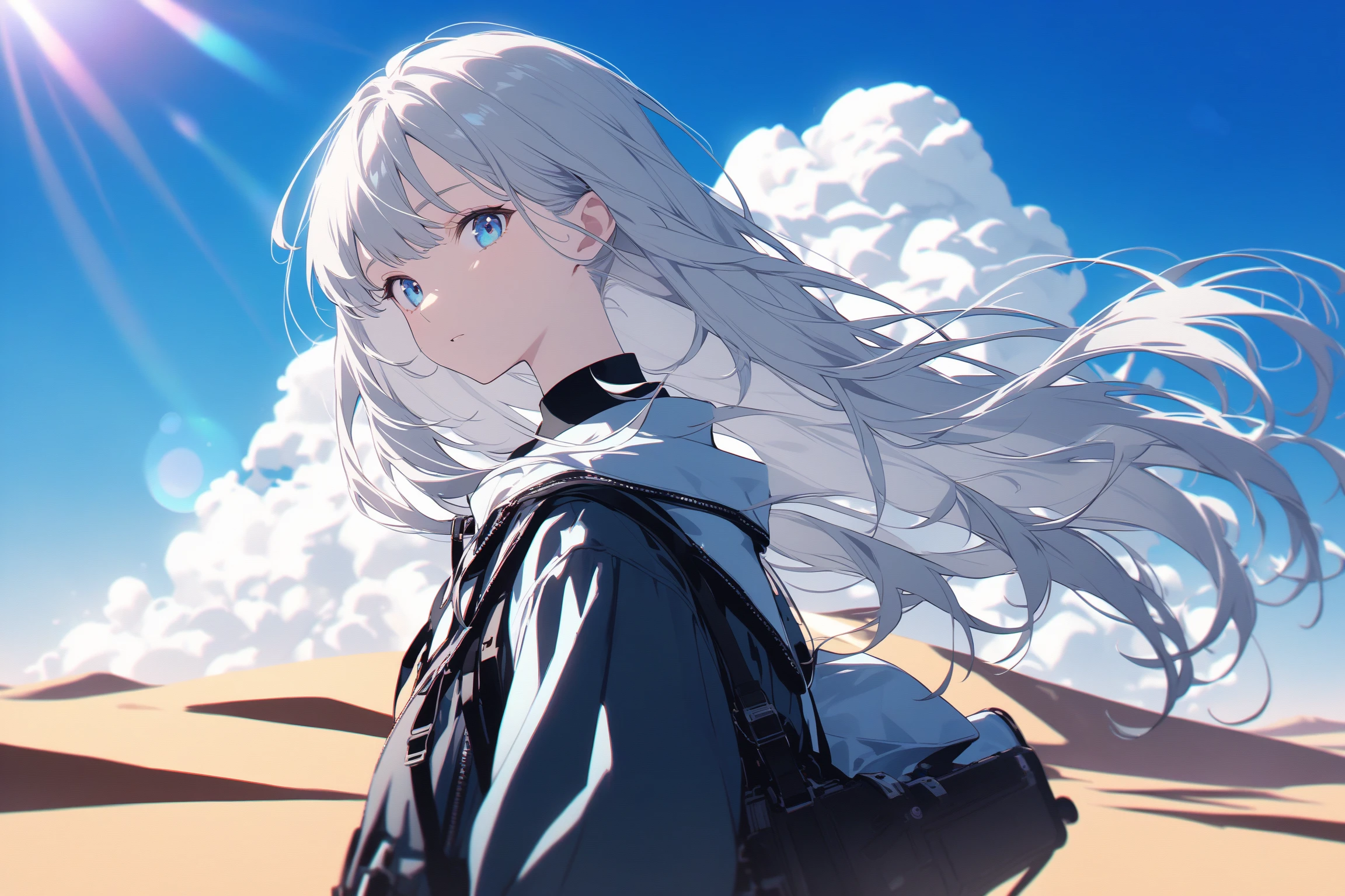 cinematic lighting,(solo), cute 1girl, silver long hair, blue eyes, fashionable, trendy outfit, head tilt, from side, chromatic aberration, standing on a vast desert, beautiful blue sky, cumulonimbus,wind,(upper body),(lens flare),close-up,looking at viewer,having a gun slung over own shoulder