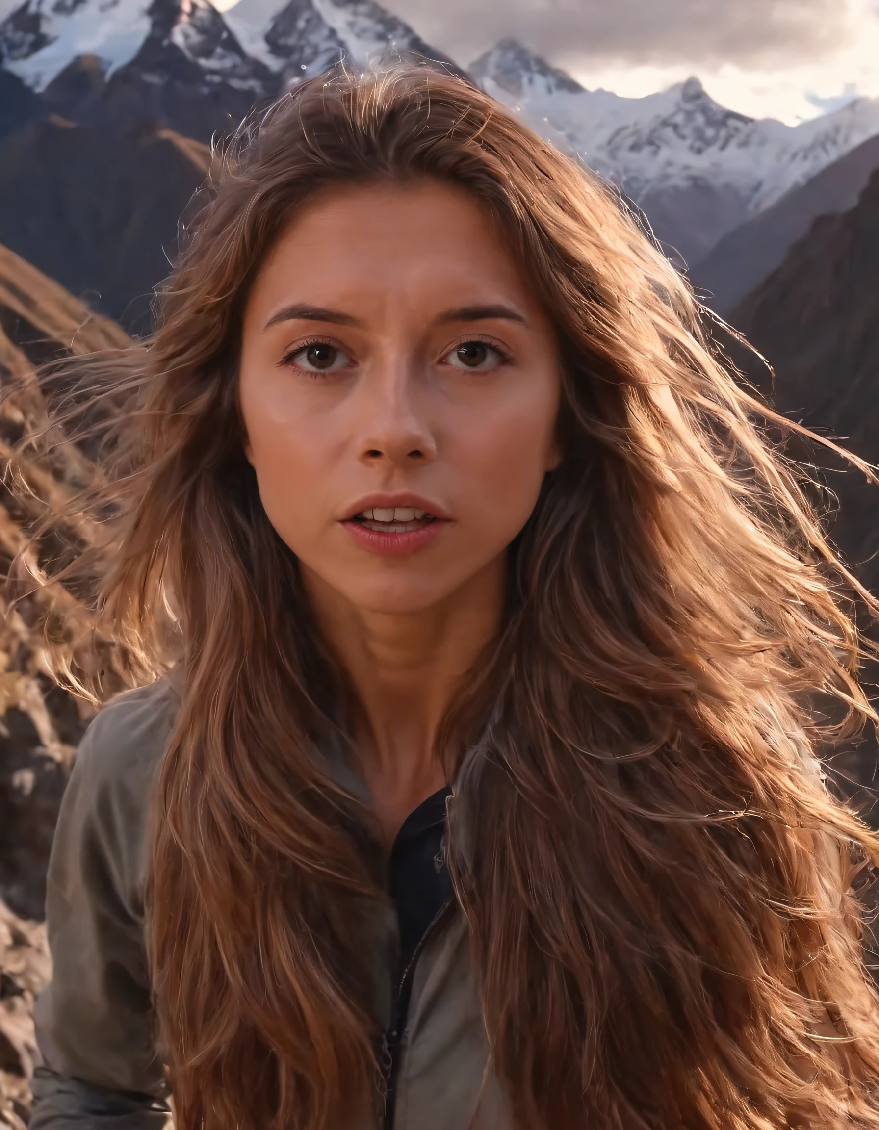 In this intricate scene, Daria Koso, a stunning and strong woman with captivating brown eyes and long, cascading locks of hair, embarks on an exhilarating adventure through the magnificent Andes, hiking along breathtaking landscapes as the sun begins to set, illuminating her every move and revealing her inner strength and passion for nature. <lora:mtxmnz18e7d155e7fm57c:1>