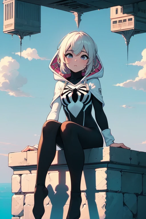 (((masterpiece))), (((best quality))), (((from below))), (((upside-down world))), (((floating city))), ((sitting on stone parapet)), ((bodysuit)), ((paid lining)), (black pantyhose), (mint ballet slippers), blonde hair, spider logo, gradient light, skyline, high sky, colorful cloudy sky, solo, 1girl, (big tits), sweat, slim figure, <lora:girllikeupside-downworld:0.8>