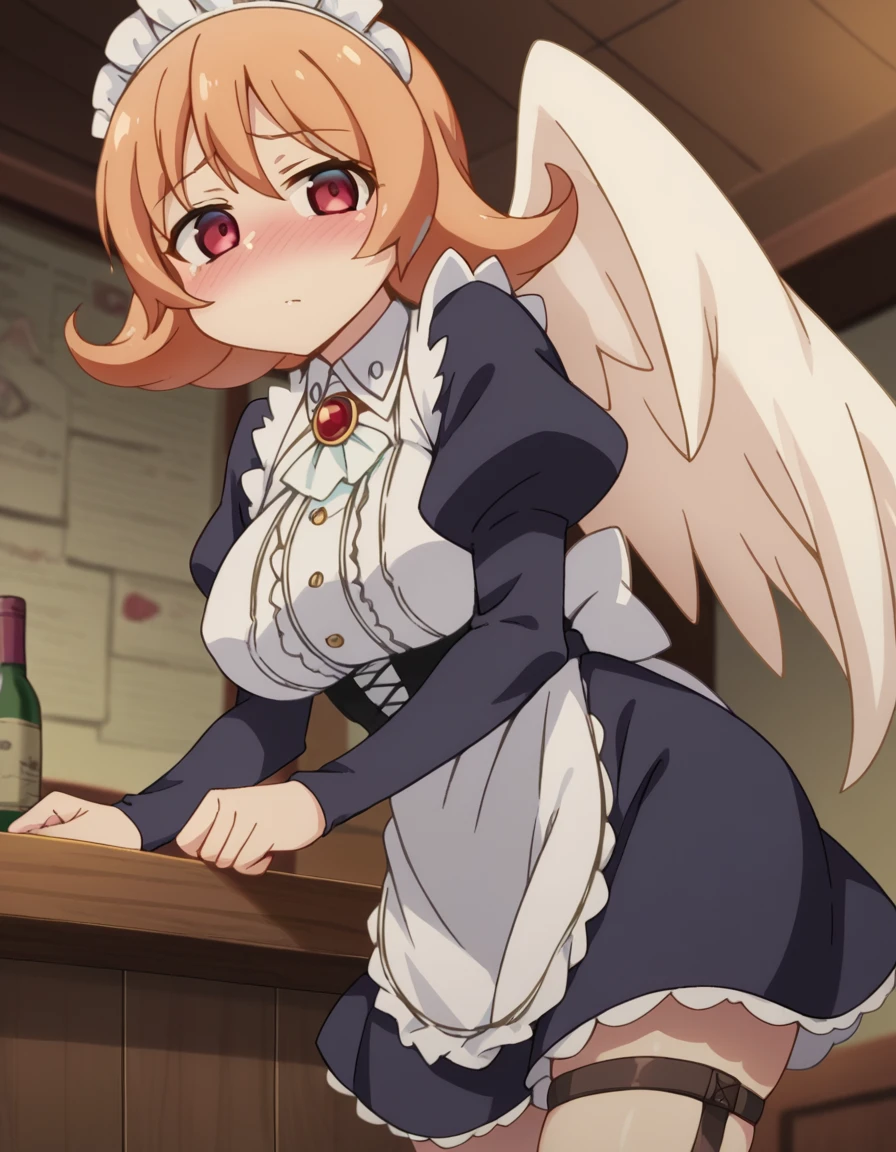 score_9, score_8_up, score_7_up, source_anime,
reviewermeidri, <lora:reviewer-meidri-ponyxl-lora-nochekaiser:1>
meidri, short hair, bangs, red eyes, orange hair, flipped hair, mature female,
long sleeves, dress, jewelry, frills, wings, puffy sleeves, apron, maid, maid headdress, thigh strap, juliet sleeves, brooch, white apron, feathered wings, maid apron, puffy long sleeves, white wings,
indoors, bed, bed room, on side, blush, drunk,
looking at viewer, dutch angle, cowboy shot,