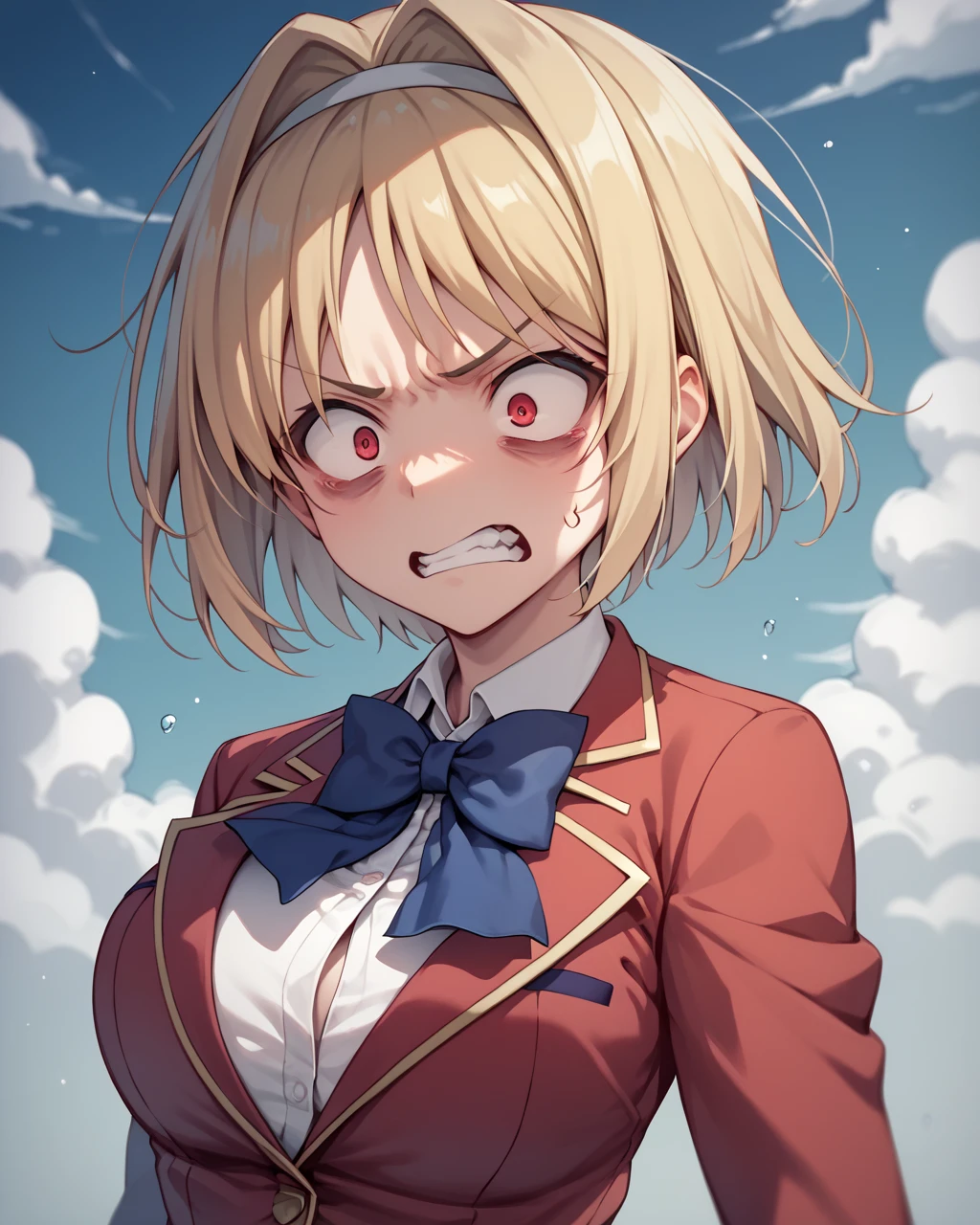 score_9, score_8_up, score_7_up,
<lora:Kushida_Kikyou_PONY:1>,kushida kikyou,1girl, solo, red eyes,short hair, blonde hair,white hairband,hair intakes,school uniform,white shirt, bowtie, blue bow,blazer,skirt, red jacket,angry, wide-eyed, constricted pupils,