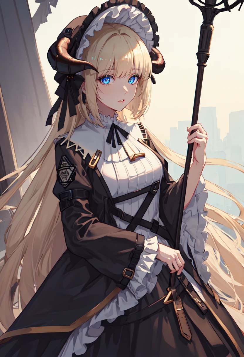 best quality, masterpiece, highres, solo, (nightingale_arknights:1.10), 1girl, black dress, bonnet, long sleeves, looking at viewer, official alternate costume, black headwear, frills, holding staff, parted lips, wide sleeves, 5 <lora:nightingale_arknights:0.80>