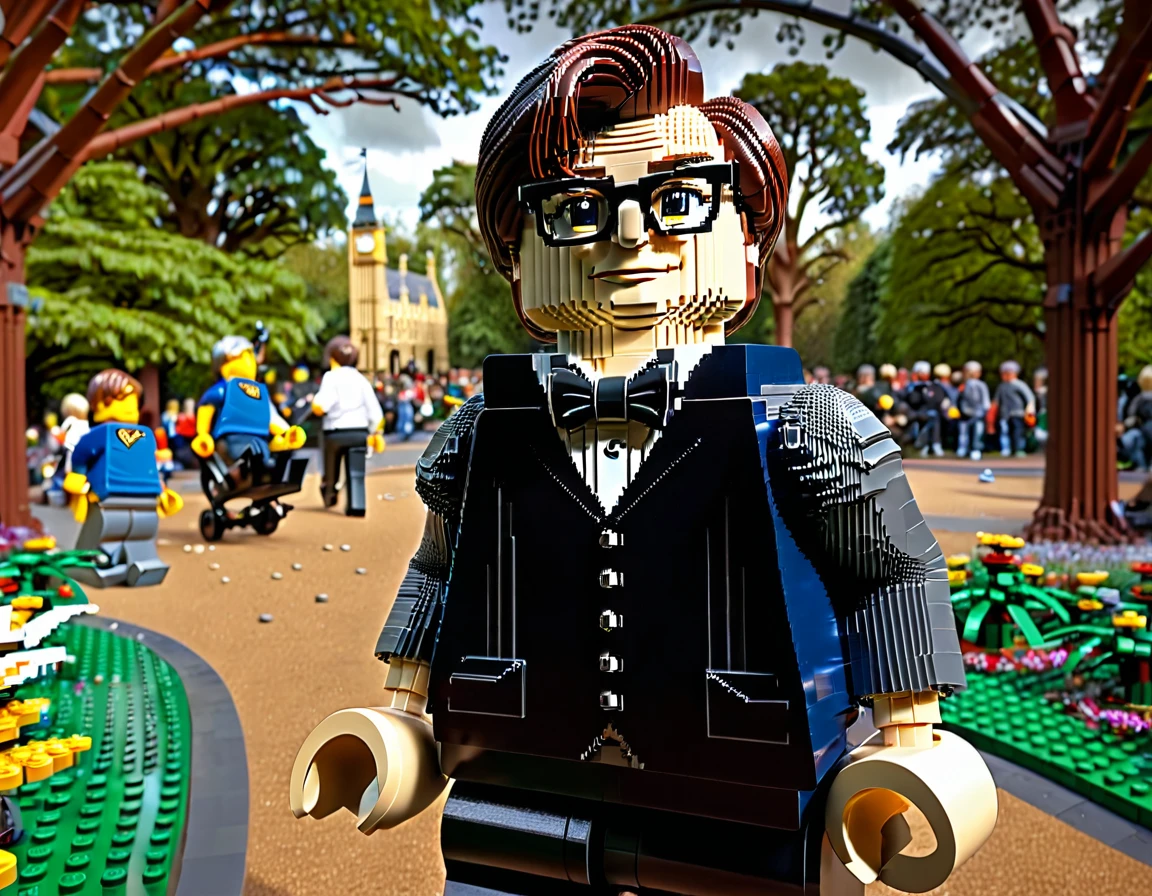 LegoRay, full size lego statue of James "Jim" Hawking, background in a park