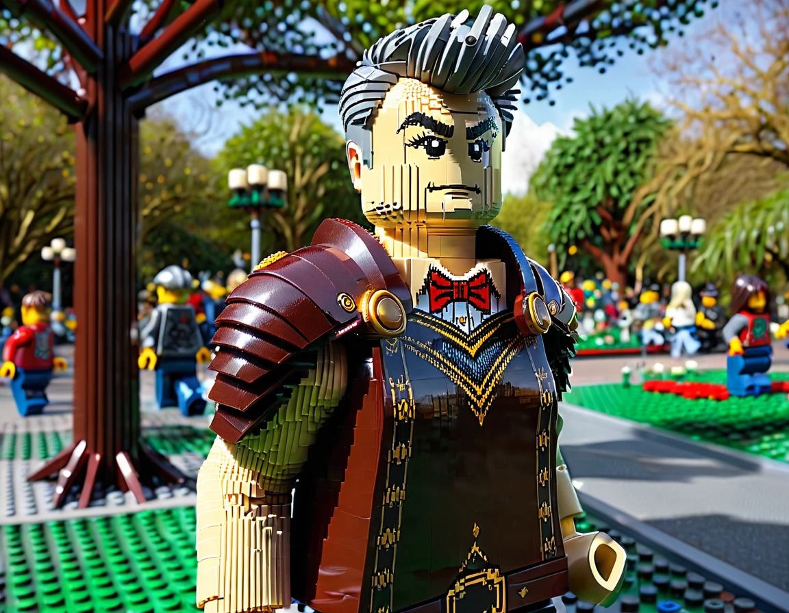 LegoRay, full size lego statue of Sean Gunn, background in a park