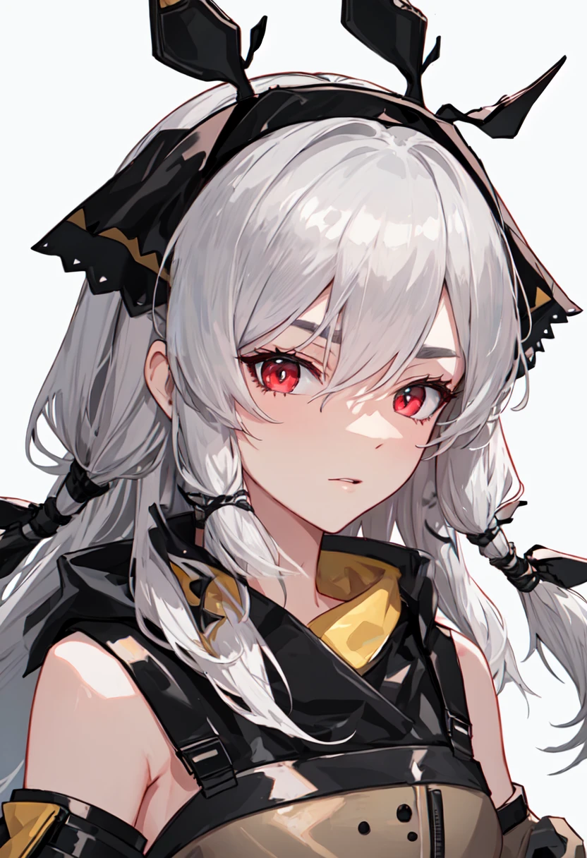 best quality, masterpiece, highres, solo, (weedy_arknights:1.10), 1girl, looking at viewer, simple background, upper body, white background, bare shoulders, closed mouth, detached sleeves, hair between eyes, hairband, portrait, white hair, 2 <lora:weedy_arknights:0.80>