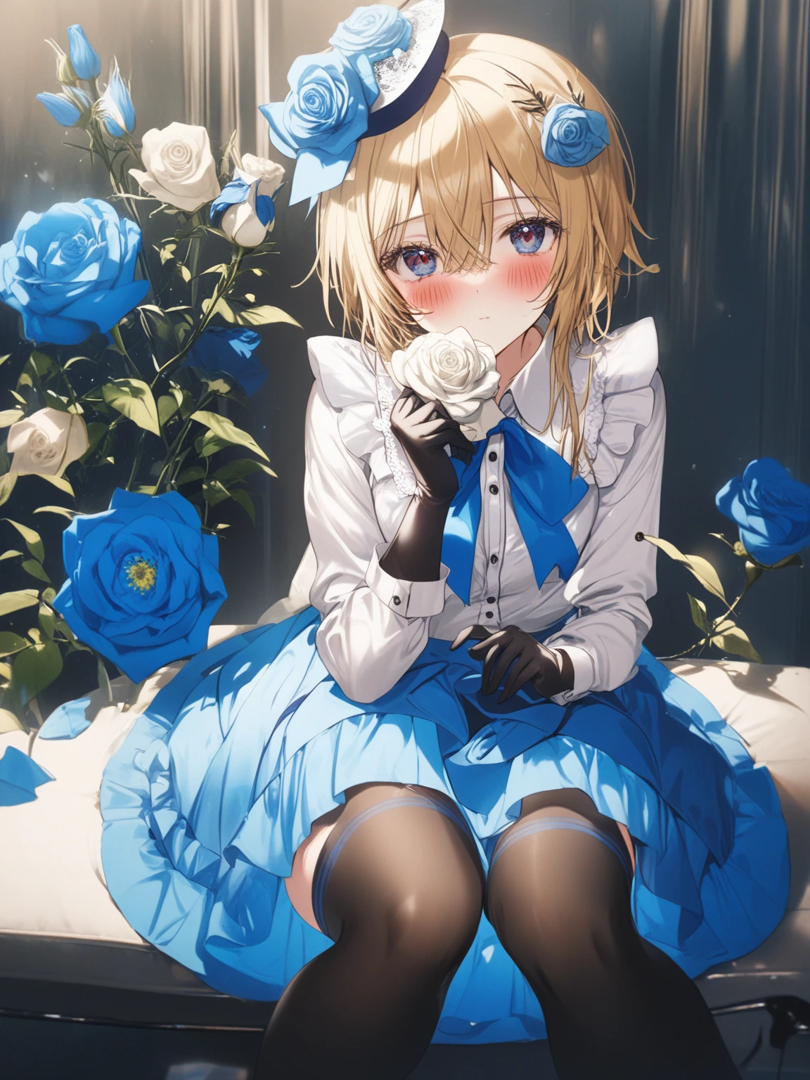 1girl, solo, flower, rose, hair ornament, gloves, thighhighs, black gloves, hat, bangs, striped, holding, hair flower, looking at viewer, bow, red eyes, hair between eyes, closed mouth, blush, blue flower, blue eyes, white flower, sitting, blonde hair, shirt, white shirt, high quality, masterpiece