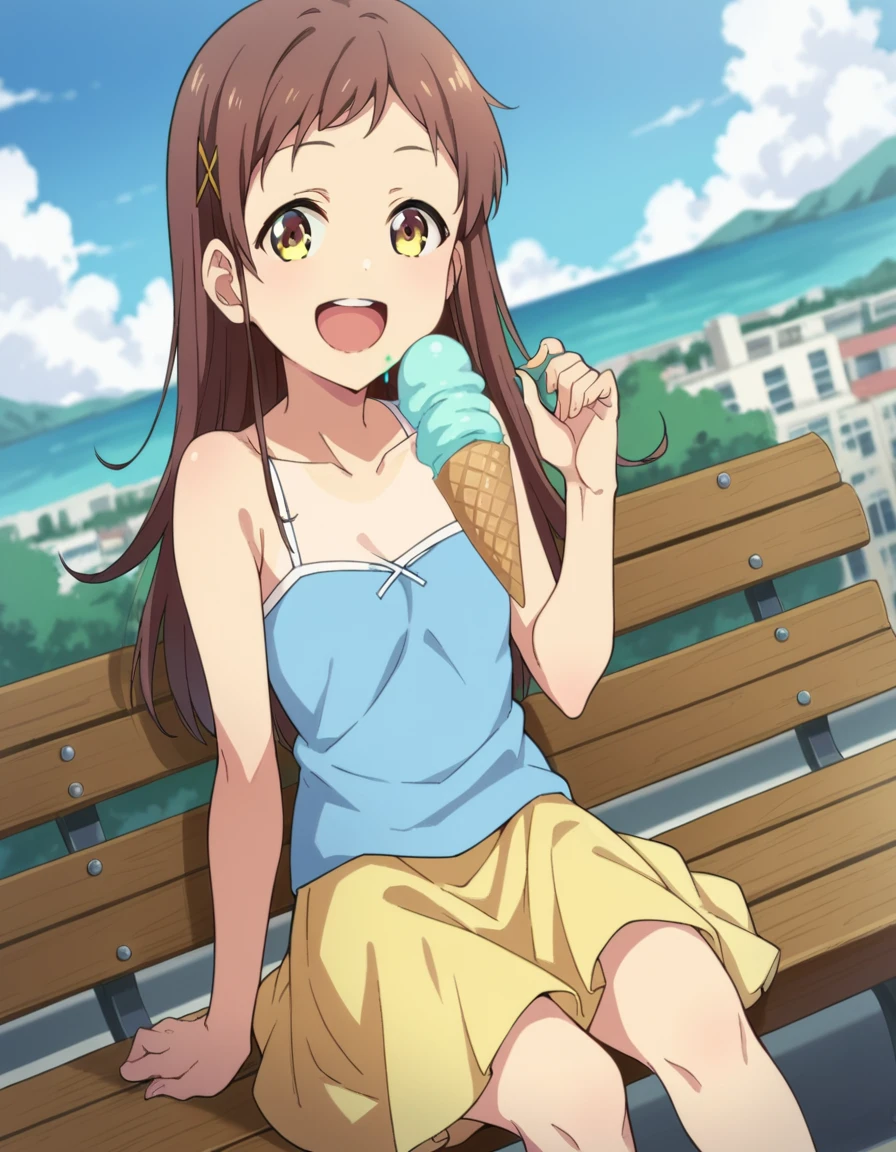 score_9, score_8_up, score_7_up, source_anime,
chiesayama, <lora:chie-sayama-ponyxl-lora-nochekaiser:1>
chie sayama, brown hair, yellow eyes, hair ornament, hairclip,
camisole, blue camisole, bare shoulders, collarbone, skirt, yellow skirt,
outdoors, cityscape, eating, smile, ice cream, sitting, bench, open mouth,
looking at viewer, dutch angle, cowboy shot,