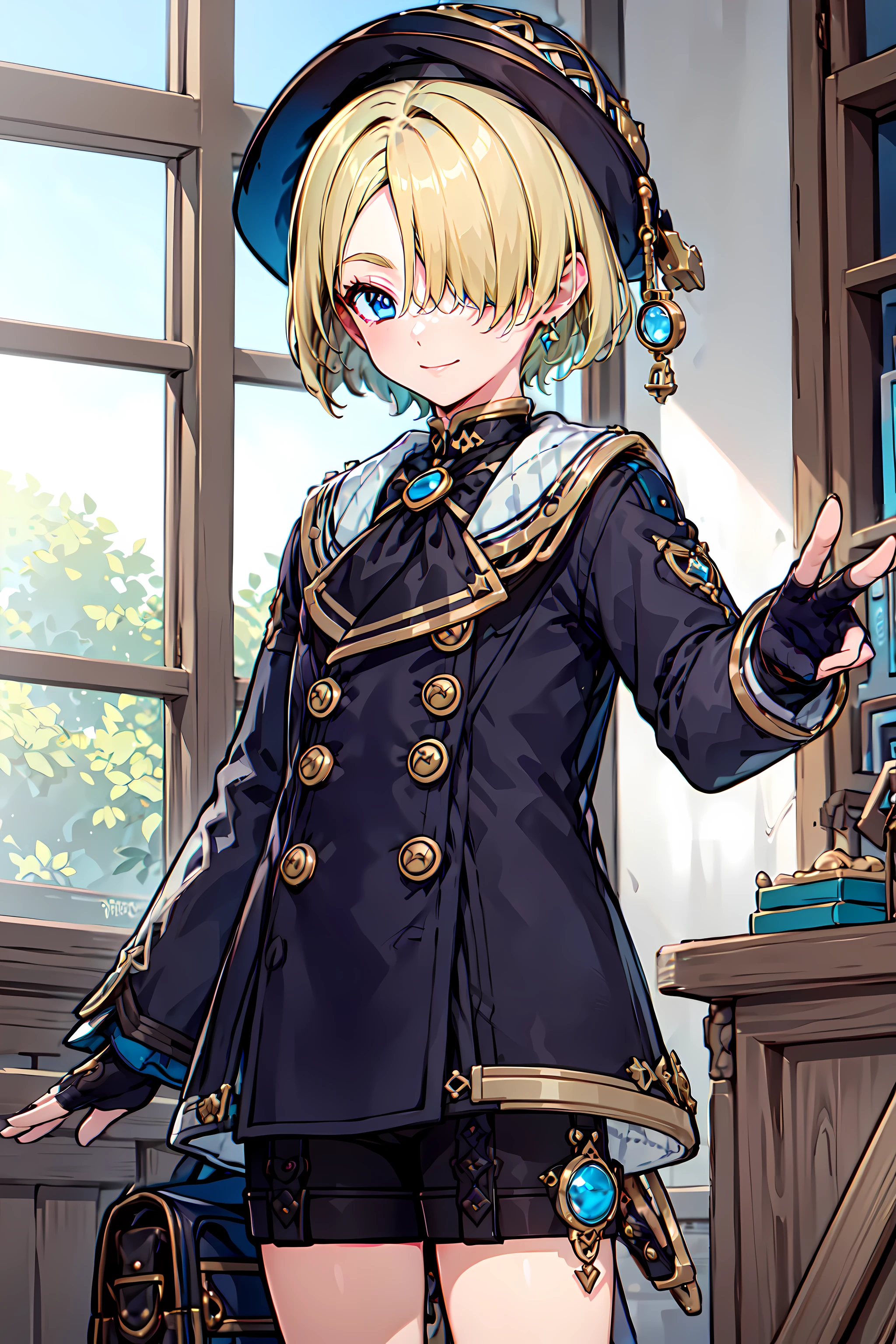 masterpiece,best quality,high quality,Freminet,Fremcostume, male focus,solo, (1boy:1.3),hair over one eye, blue eyes,vision (genshin impact),young boy,bag,peace sign,oversize sleeves,black shorts,buttons,young boy, blonde hair, fingerless gloves, short hair, hat, shorts,  long sleeves,  looking at viewer,black gloves,indoors,pose, black shorts ,<lora:Freminet:0.7>