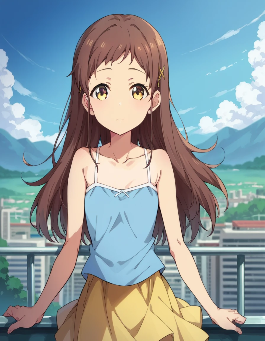 score_9, score_8_up, score_7_up, source_anime,
chiesayama, <lora:chie-sayama-ponyxl-lora-nochekaiser:1>
chie sayama, brown hair, yellow eyes, hair ornament, hairclip,
camisole, blue camisole, bare shoulders, collarbone, skirt, yellow skirt,
outdoors, cityscape,
looking at viewer, dutch angle, cowboy shot,