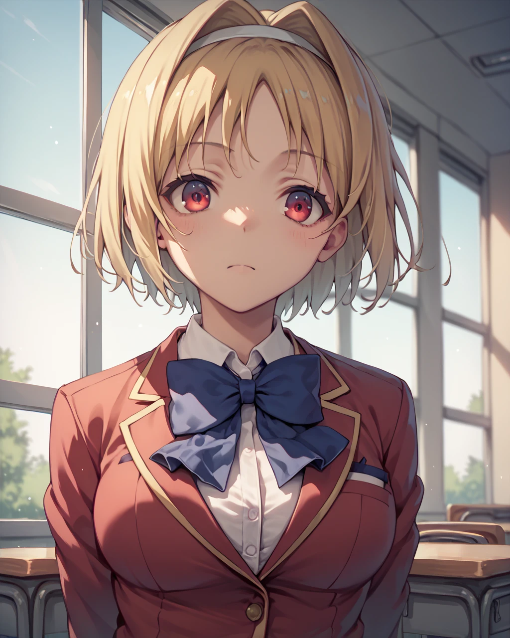 score_9, score_8_up, score_7_up,
<lora:Kushida_Kikyou_PONY:1>,kushida kikyou,1girl, solo, red eyes,short hair, blonde hair,white hairband,hair intakes,school uniform,white shirt, bowtie, blue bow,blazer,skirt, red jacket,