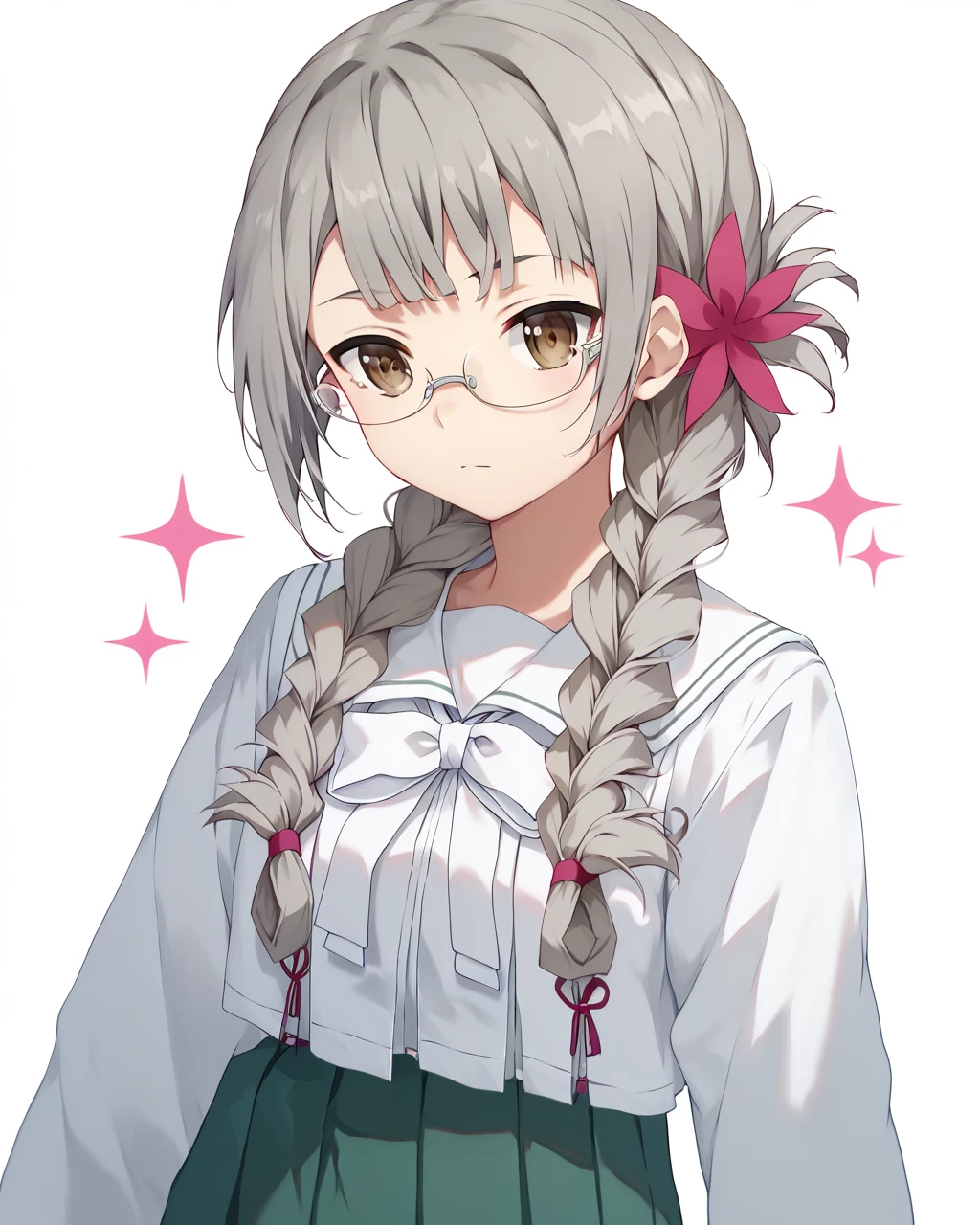 score_9, score_8_up, score_7_up,
<lora:Hanamoto_Yoshika_PONY:1>,mika hanamoto,1girl, solo,glasses, long hair, twin braids,hair ornament,hair flower,brown eyes, grey hair, bangs, ribbon, hair over shoulder, pantyhose, school uniform,serafuku, green skirt, long sleeves, bow,shirt,