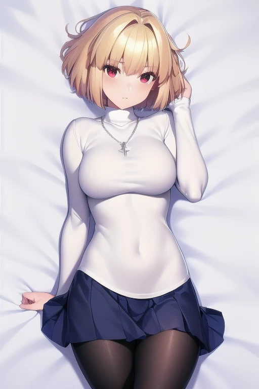 (masterpiece, best quality, 8k, highly detailed, highres, ultra-detailed, perfect eyes), 1girl, solo, arcueid, blonde hair, short hair, red eyes, sweater, white sweater, necklace, pleated skirt, blue skirt, leggings, (black leggings:1.2), boots, brown boots, <lora:Arcueid_Brunestud__Tsukihime:0.8>, dakimakura (medium)