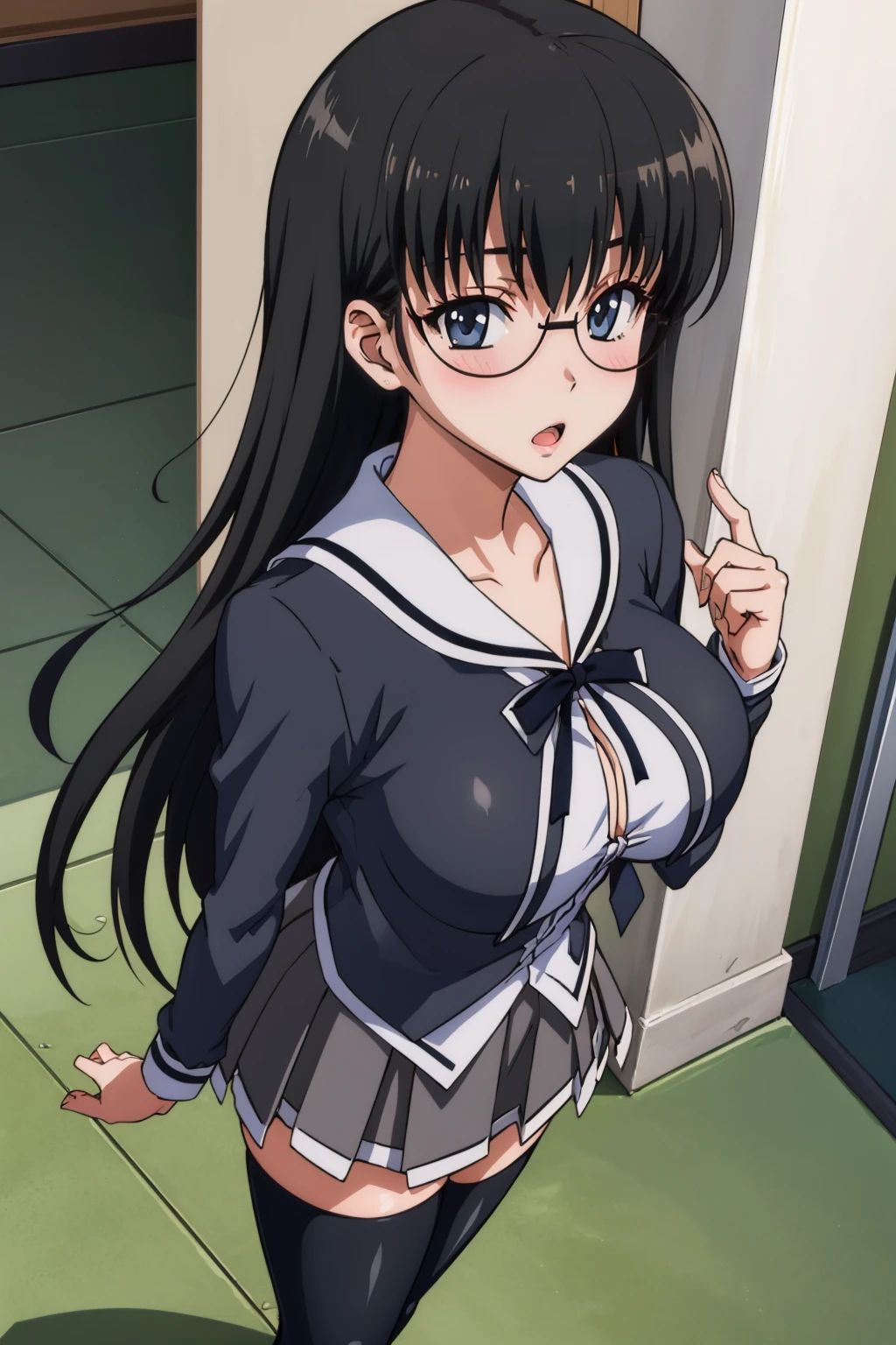 masterpiece, best quality, 1girl, <lora:sumiyakana-nvwls-v1-000008:0.9> sumiyakana, glasses, school uniform, serafuku, cropped jacket, grey skirt, black thighhighs, huge breasts, blush, :o, looking at viewer, from above, hallway