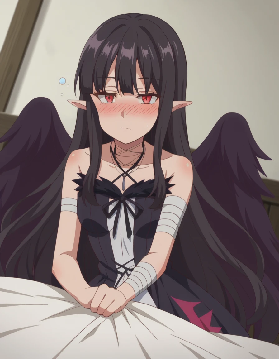 score_9, score_8_up, score_7_up, source_anime,
evereese, <lora:eve-reese-ponyxl-lora-nochekaiser:1>
eve reese, long hair, bangs, black hair, red eyes, very long hair, pointy ears,
dress, bare shoulders, collarbone, wings, sleeveless, black dress, black ribbon, halterneck, bandages, feathered wings, black wings,
indoors, bed, bed room, on side, blush, drunk,
looking at viewer, dutch angle, cowboy shot,