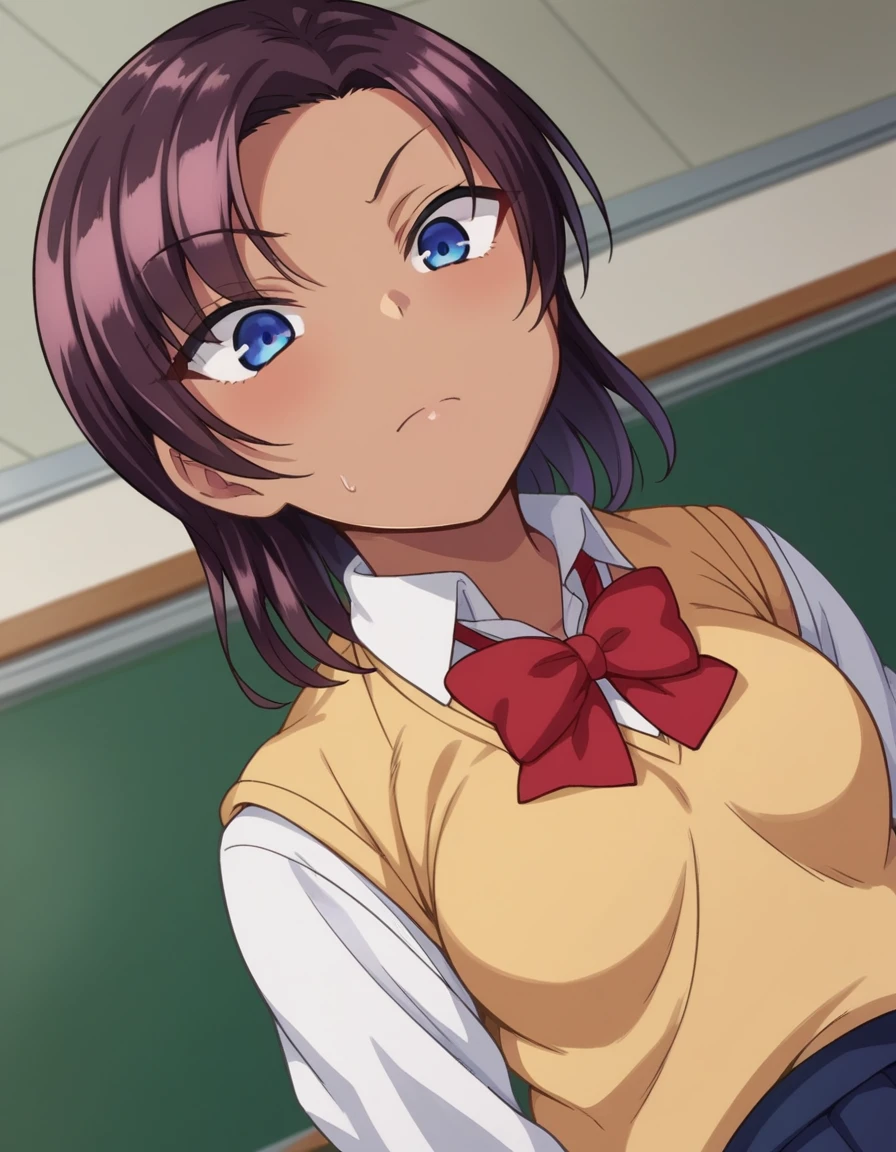 score_9, score_8_up, score_7_up, source_anime, 1girl,
saehinata, sae hinata, blue eyes, purple hair, dark skin, dark-skinned female,
shirt, bow,  white shirt, collared shirt, bowtie, red bow, sweater vest, brown sweater, skirt, blue skirt,
indoors, classroom,
looking at viewer, dutch angle, cowboy shot, big ass, thick thighs, ass showing, thong, full body,  black thong, big butt, pov_guy_flashes_his_dick_infront_of_her, sucking dick, deep throat, pov_sucking_ white dick_on her knees_big ass, censored white dick, choking on white dick, round_buttcheeks, looking embarrassed, huge hips, huge bottom, huge_perfect_ass, perfect anatomy, perfect body, (showing massive ass),