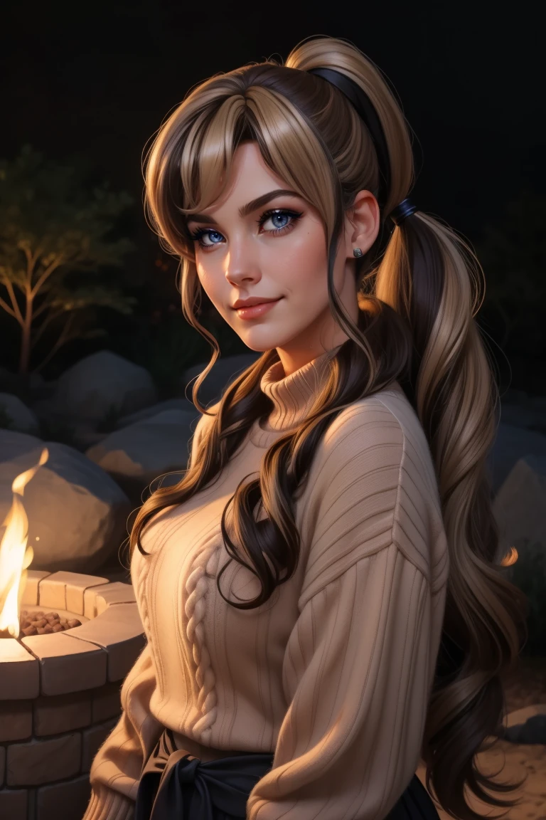 front view, close up upper body portrait, adult woman, 38 year old female, sweater, firepit, nighttime, standing, cinematic, dramatic, 4k, HUD_TT_Wg_2, two-toned (brunette:1.2) and (blonde:0.9) wig, side ponytail,<lora:HUD_TT_Wg_2:0.4>, wet, smirk
