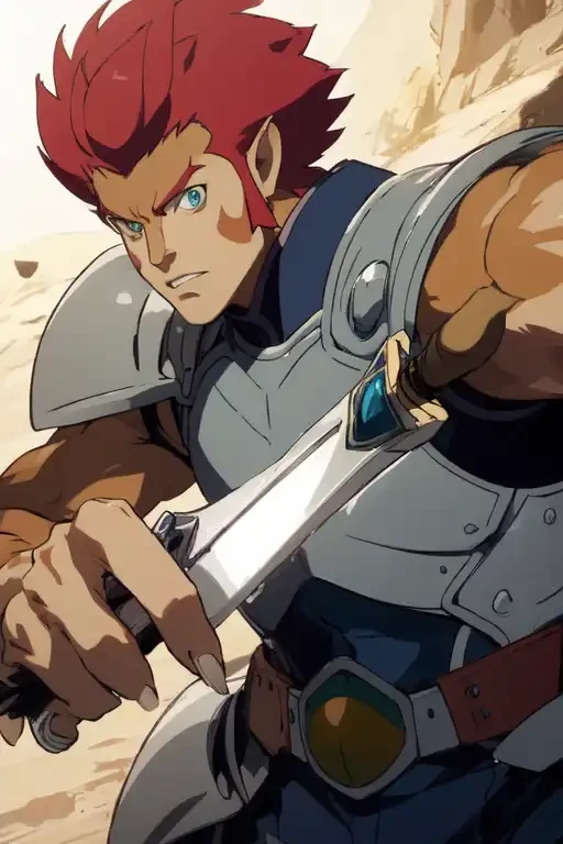 Thundercats, lion o, lion-o, best quality image, cat man, fantasy, red hair, face markings, Thundercats 2011, light armor, claws on hands, lion fur, sci-fi, tan skin, tan fur, sword, blue eyes, cat pupils, 