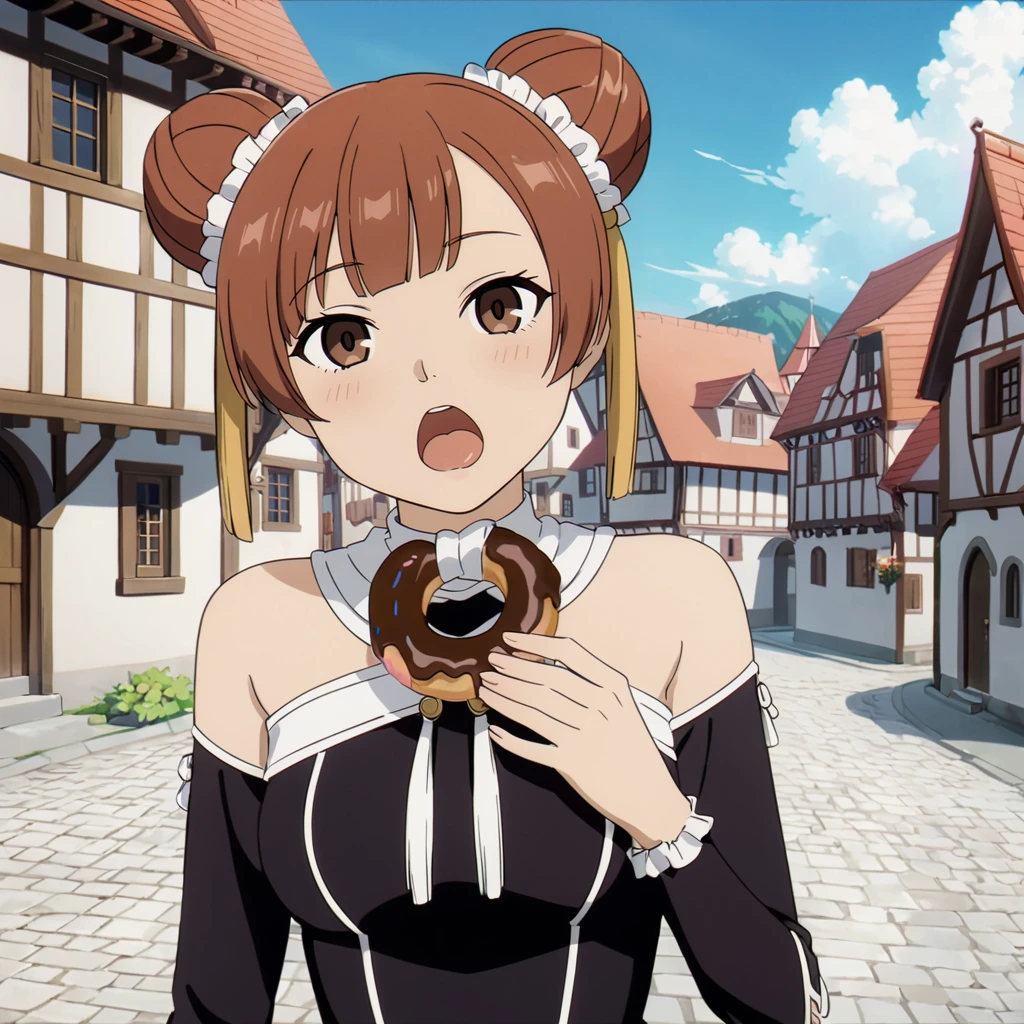 <lora:LaufenXL002>,<lora:DetailedEyes_V3:1.6>,looking at viewer,
solo,
anime screencap,
Laufen,1girl,brown hair,double bun,brown eyes,hair_ornament,
black dress,bare shoulders,
medieval town,doughnut,eating,open mouth,