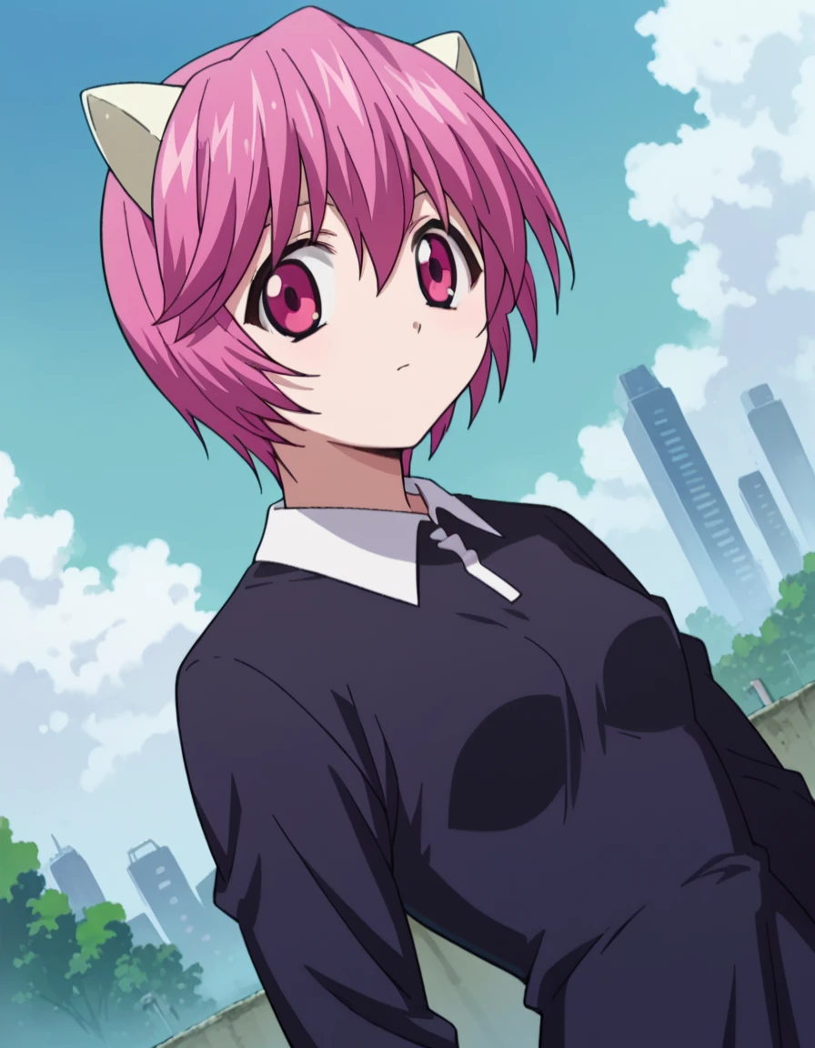score_9, score_8_up, score_7_up, source_anime,
elfenliednana, <lora:elfen-lied-nana-ponyxl-lora-nochekaiser:1>
nana, short hair, pink hair, pink eyes, horns,
long sleeves, dress,
outdoors, cityscape,
looking at viewer, dutch angle, cowboy shot,