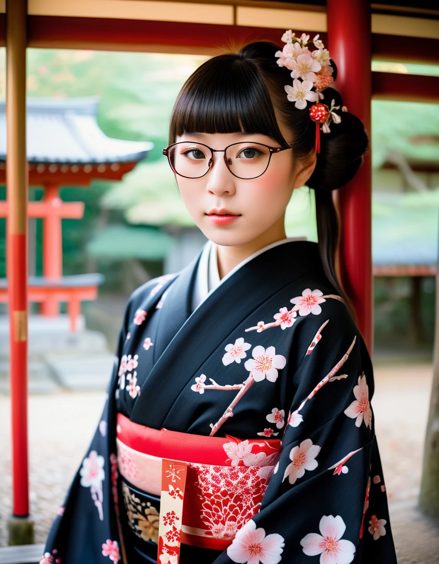 A realistic style portrait of a Japanese high school girl wearing a kimono and makeup, with long hair, standing in a shrine. Capture the intricate details of her black kimono's fabric, the subtle elegance of her makeup enhancing her youthful features, and her long hair styled traditionally. The shrine's serene atmosphere, with hints of torii gates and sakura trees in the soft background, complements her poised stance. Focus on the authenticity of her attire and the natural beauty of the setting,<lora:benben:0.85>, taken by Hideaki Hamada using Pentax 67II and Kodak Portra, makeup, glasses