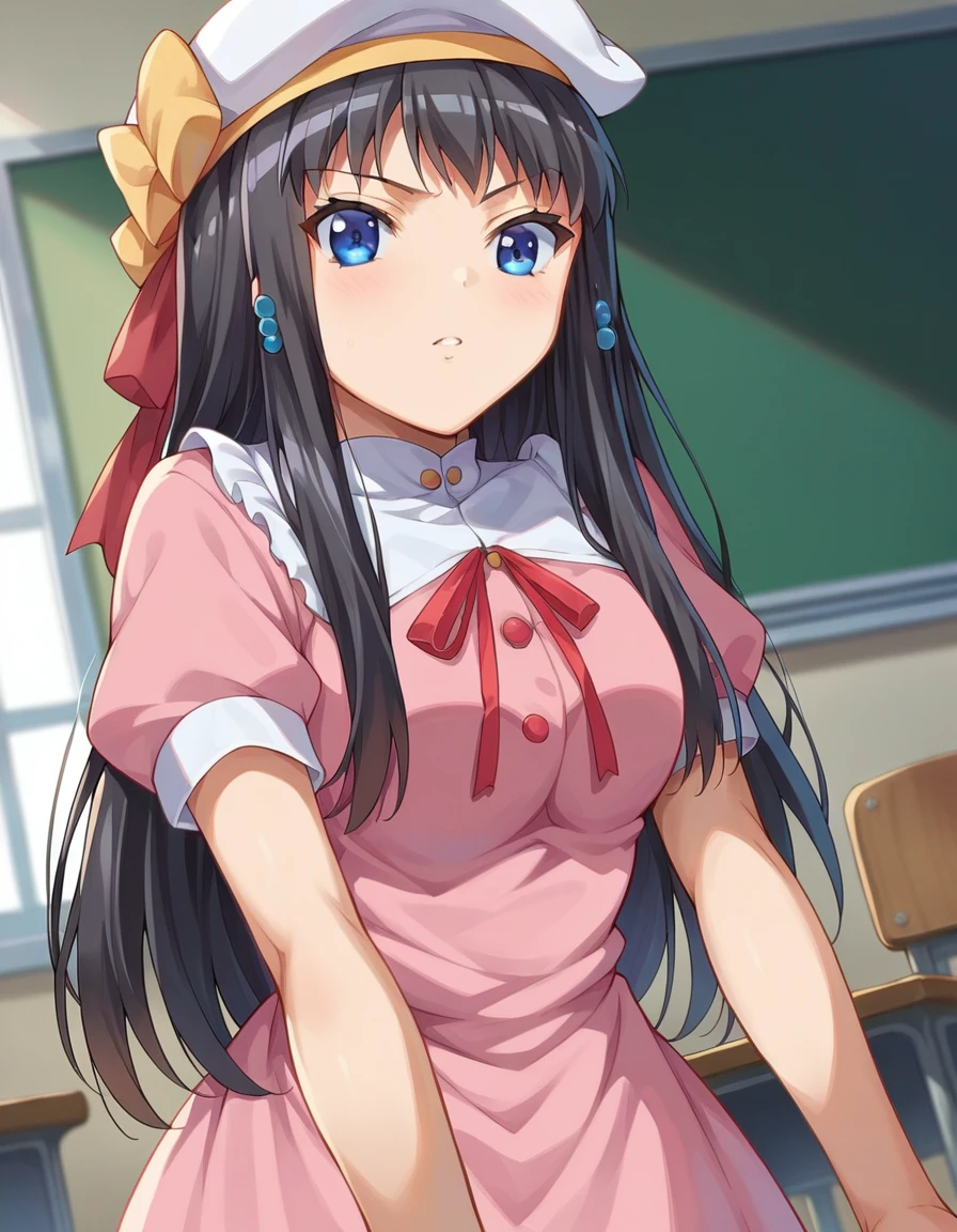 score_9, score_8_up, score_7_up, source_anime,
kisarahimeno, <lora:kisara-himeno-ponyxl-lora-nochekaiser:1>
kisara himeno, long hair, black hair, blue eyes,
hat, dress, pink dress, ribbons, red ribbon, short sleeves,
indoors, classroom, bent over,
looking at viewer, dutch angle, cowboy shot,