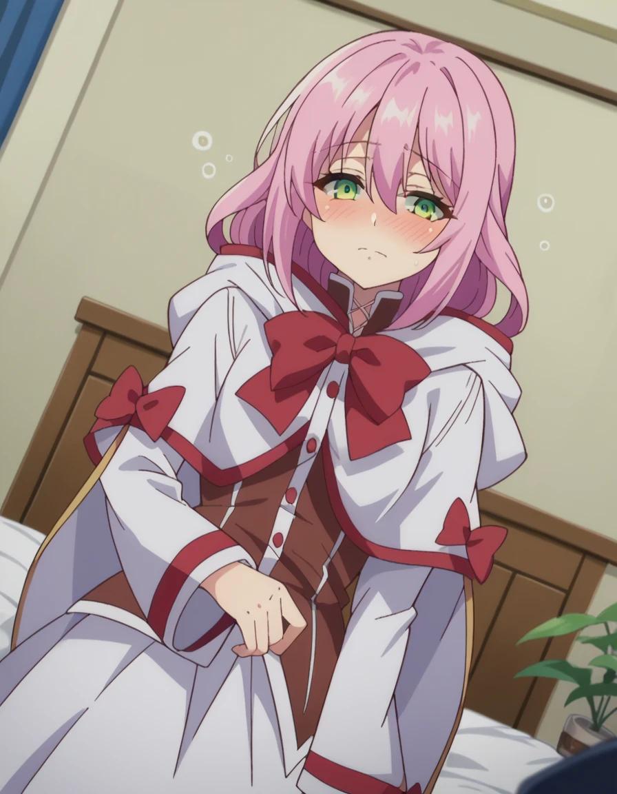 score_9, score_8_up, score_7_up, source_anime, nornclatalissajioral, norn clatalissa jioral, long hair, hair between eyes, green eyes, pink hair, long sleeves, dress, bow, red bow, hood, robe, white robe, smile, looking at viewer, smile, from_below, thigh high boots, brown boots, white_background, femdom, cbt, trampling, boots crushing penis, stepped_on, penis, shoe_soles, leg_up, sadism, cum on boots, nsfw
