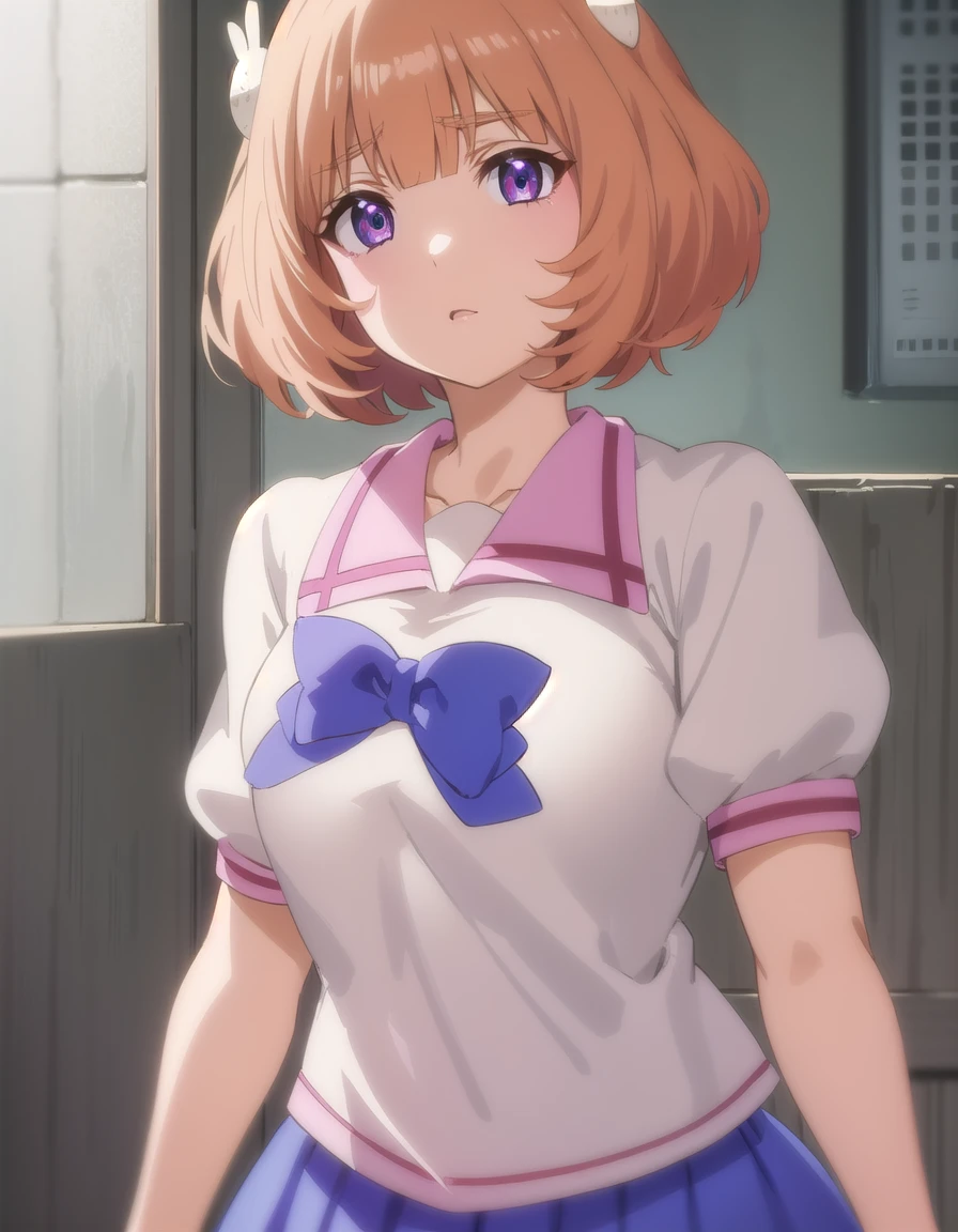 sabageyamii, <lora:sabage yamii s1-lora-nochekaiser:1>,
yamii, short hair, (purple eyes:1.1), brown hair, hair ornament, rabbit hair ornament, bangs, blunt bangs,
BREAK skirt, shirt, bow, school uniform, white shirt, short sleeves, serafuku, puffy sleeves, sailor collar, puffy short sleeves, blue bow, pink sailor collar,
BREAK indoors, classroom,
BREAK looking at viewer, (cowboy shot:1.5),
BREAK <lyco:GoodHands-beta2:1>, (masterpiece:1.2), best quality, high resolution, unity 8k wallpaper, (illustration:0.8), (beautiful detailed eyes:1.6), extremely detailed face, perfect lighting, extremely detailed CG, (perfect hands, perfect anatomy),