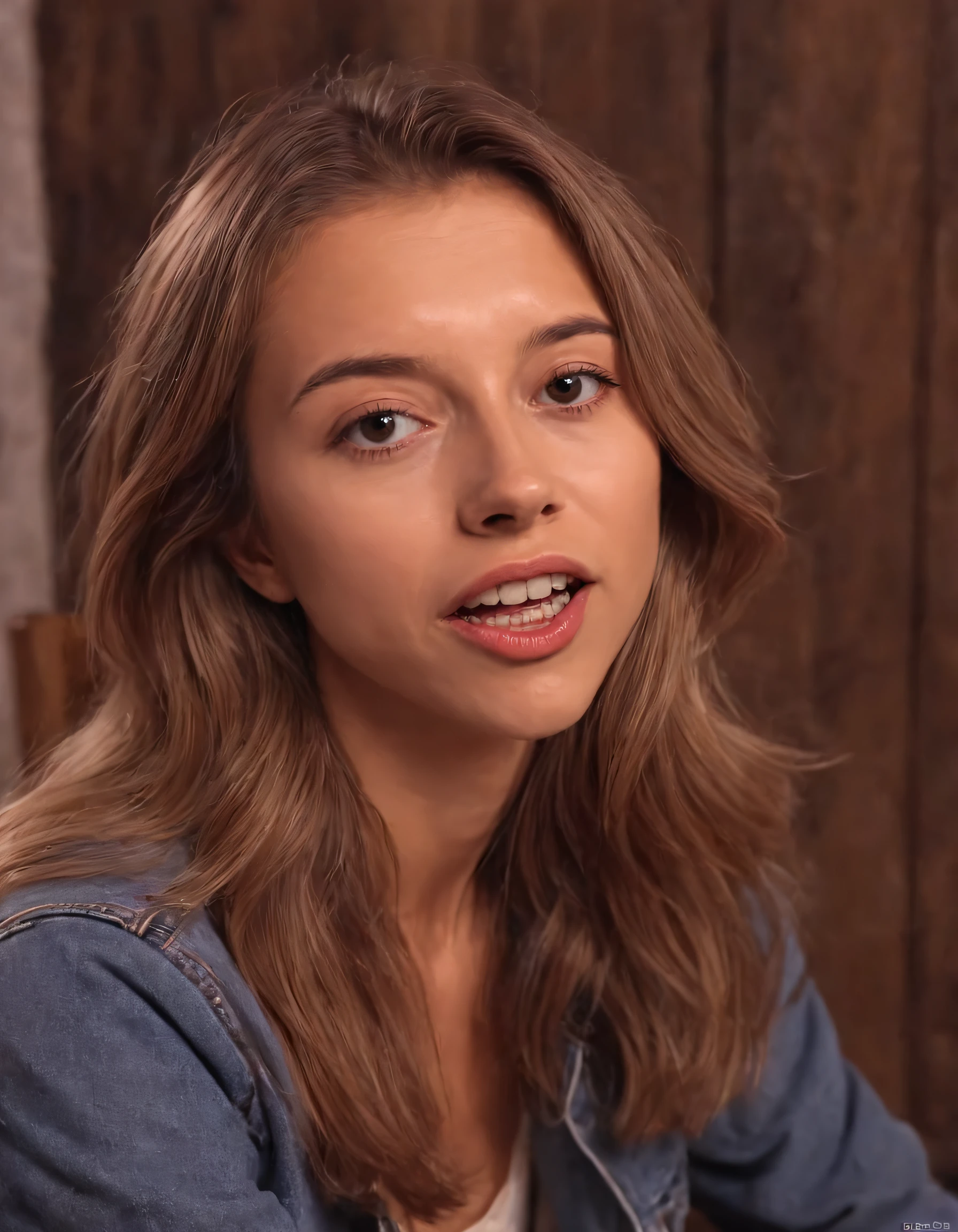 In this imaginative scene, Daria Koso appears with her natural beauty as a stunning woman sporting brown eyes and long, luscious brown hair; she wears a casual but stylish outfit, sitting on a weathered denim chair. Her parted lips reveal gleaming teeth, while a slight smile brightens her face, accentuating the charm of her parted lips. Accessorizing with elegant jewelry, Daria captivates viewers as her intense gaze draws in their attention, reminiscent of a realistic painting depicting 1 girl that transcends into the realm of poetry through time and space. <lora:uzputt18e78af8bf4i271:1>
