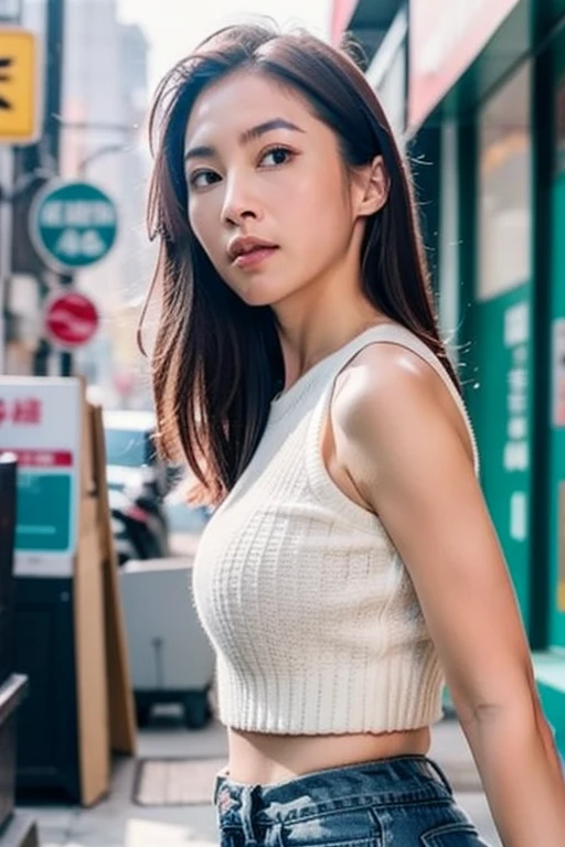 Best quality,masterpiece,ultra high res,photorealistic,1girl,slim body,japanese street alley,dynamic pose,face closeup,depth of field,<lora:winnie_chang:1>,