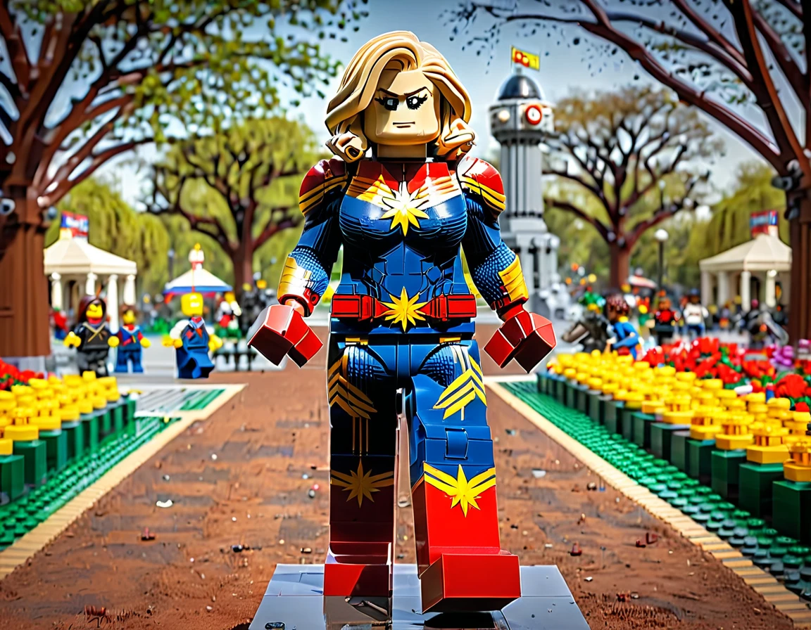 LegoRay, full size lego statue of Captain Marvel, background in a park