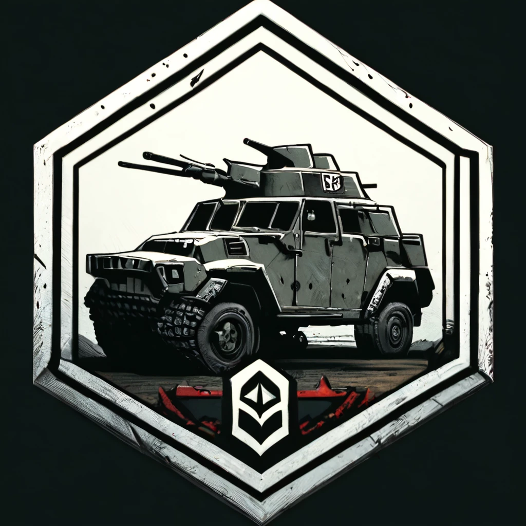 Badgetype,solo badge,battlefield type badge,simple background,military,no humans,black background,ground vehicle,motor vehicle,emblem,military vehicle,tank,vehicle focus,caterpillar tracks,ooarai (emblem)
<lora:BadgeXL:0.8>