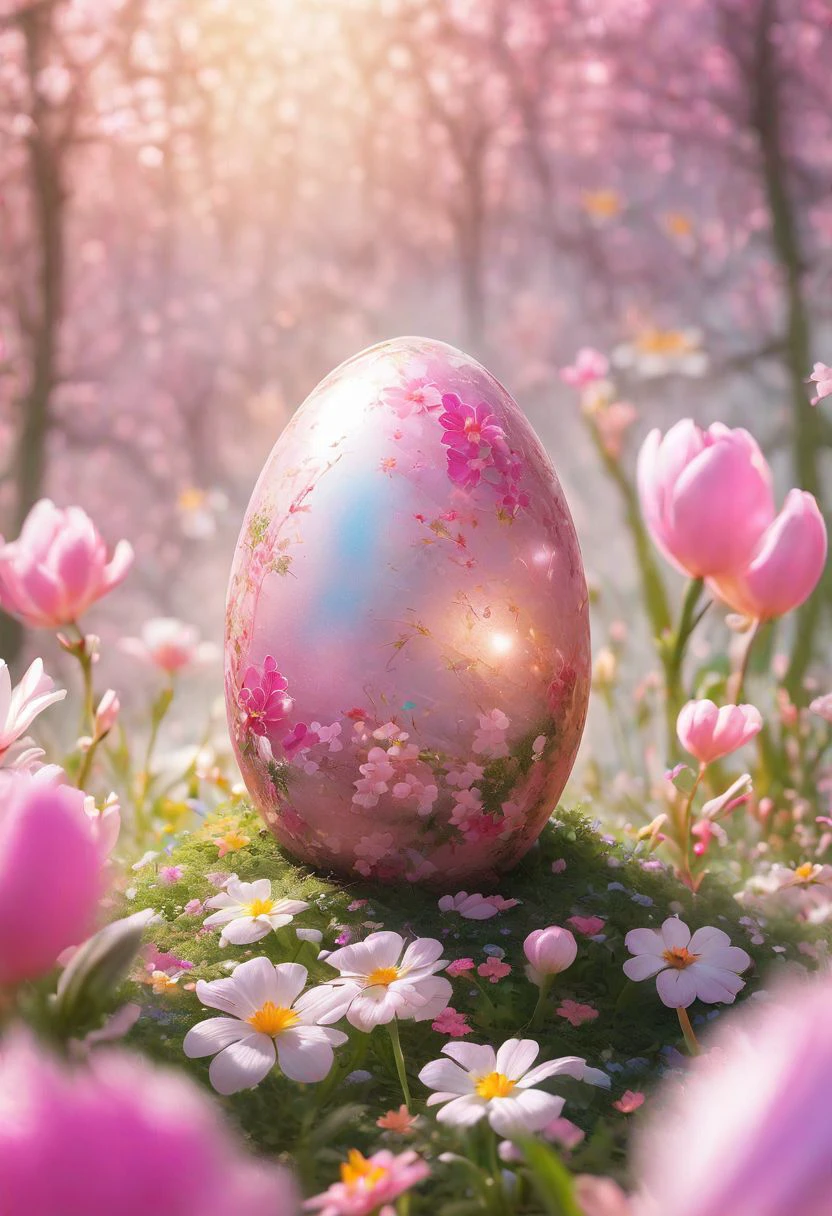 pink Easter egg embodying the concept of rebirth, cracked surface revealing emerging, pastel colors dominate the scene, backlight casting a heavenly glow, nestled in a bed of vibrant spring flowers, soft-focus background, bokeh effect, natural light, ultra-fine details, digital painting.