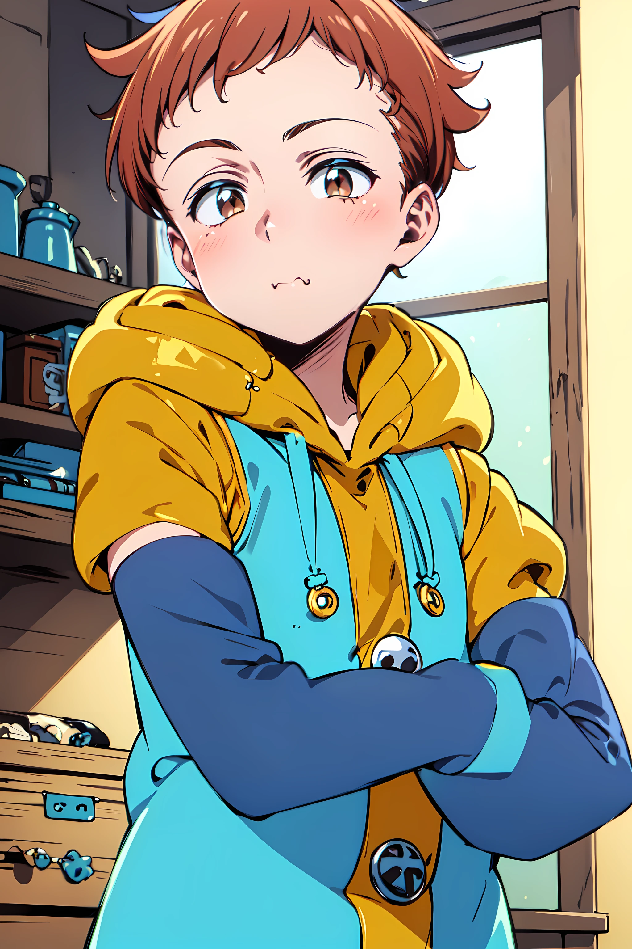 masterpiece,best quality, King Harlequin,solo, (1boy), cowboy shot,upper body,facing viewer,zipper, line,crossed arms,pout,male focus,cute,hood, hoodie,brown eyes, brown hair,buttons,(blue sleeves:1.4),short hair, long sleeves,indoors, <lora:King:0.6>