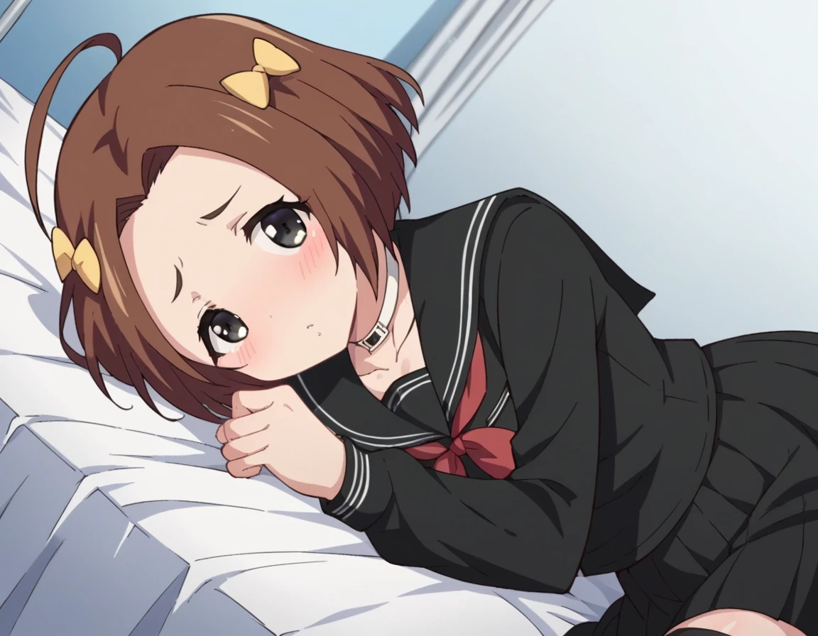 ((1 Beautiful Beautiful Girl)),(((detail portrayal))),(((Dark brown medium hair:1.6))),(((Straight hair))),(((Red ribbon on back hair))),(((Side Up Hair))),(((a small face))),(((Less bangs))),(((Trimmed bangs))),(((Green eyes))),(​masterpiece)), (((drooing eyes))),((top-quality)),((Vivid light and shadow depiction)), (The ultra-detailliert), ((kawaii)), cute little, (Detailed body line depiction), ((detailed face depiction)),((ighly detailed)),  (8K), top-quality, (Beautiful fece),(((World-class quality))), ighly detailed, hight resolution,(((Anime filling))),(((large udder:1.3))),(((Wearing a dark blue blazer over a white cutter shirt))),(((Dark blue pleated skirt))),(((Lie on the bed and open your legs))),(((de pele branca))),(((Bedroom in a luxury hotel with a large window and night view))),(((full of sweat))),(((Composition seen from the front))),(((Composition seen from above))),(((Looking down))),(((Suck a used condom in your mouth))),(((detail portrayal))),(((Detailed body depiction))),(((Gray sober panties))),(((Holding a stack of banknotes in your hands))),(((deadpan)))