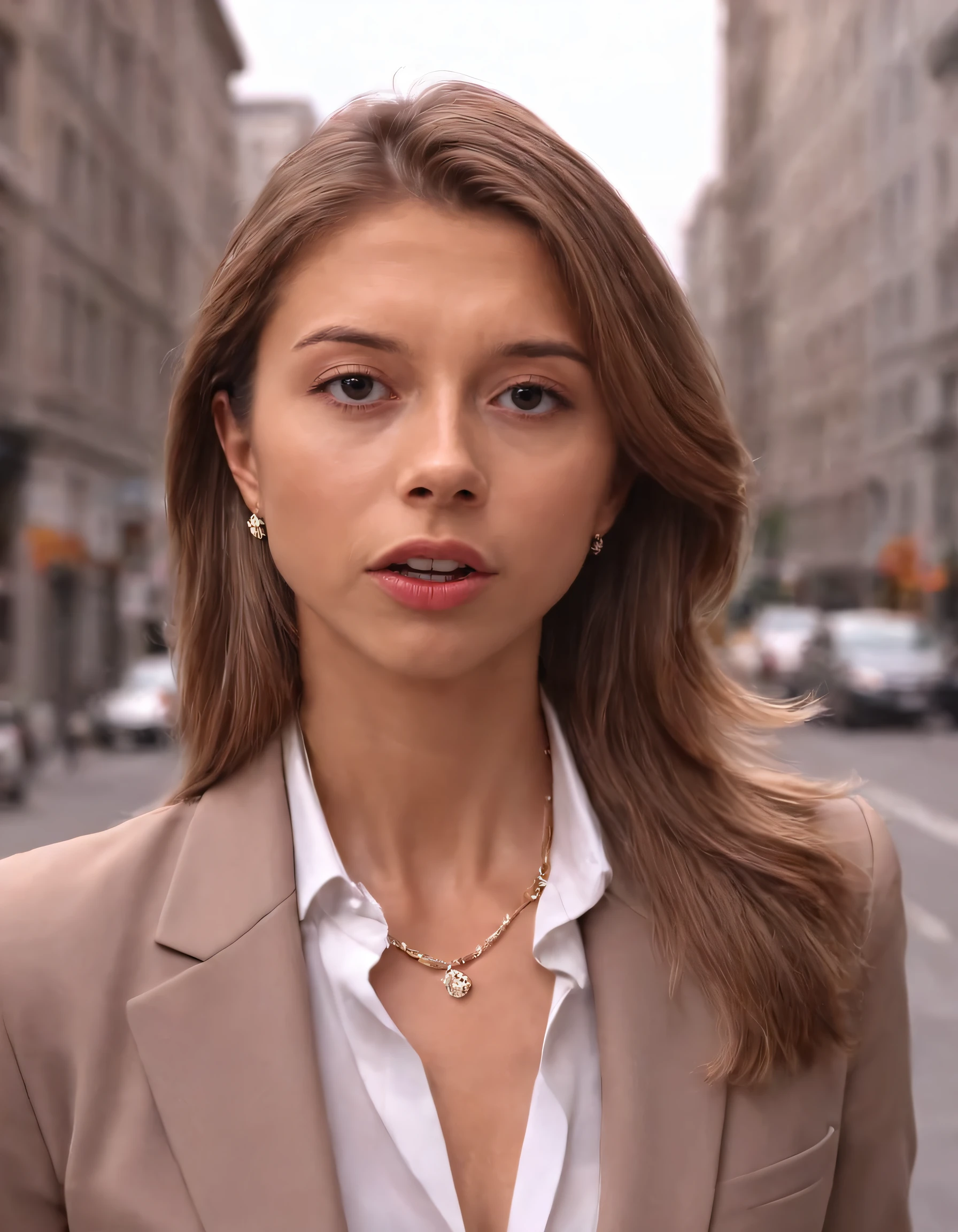 Amid the bustling cityscape, Daria Koso, a stunning beauty with lustrous brown hair flowing realistically, dressed in an elegant business suit, confidently gazed at passersby with her eyes parting slightly to reveal soft-looking lips as she effortlessly accessorized herself with striking jewelry that complemented both the scene and her sophisticated persona. <lora:ggljjm18e7d1144e6q568:1>